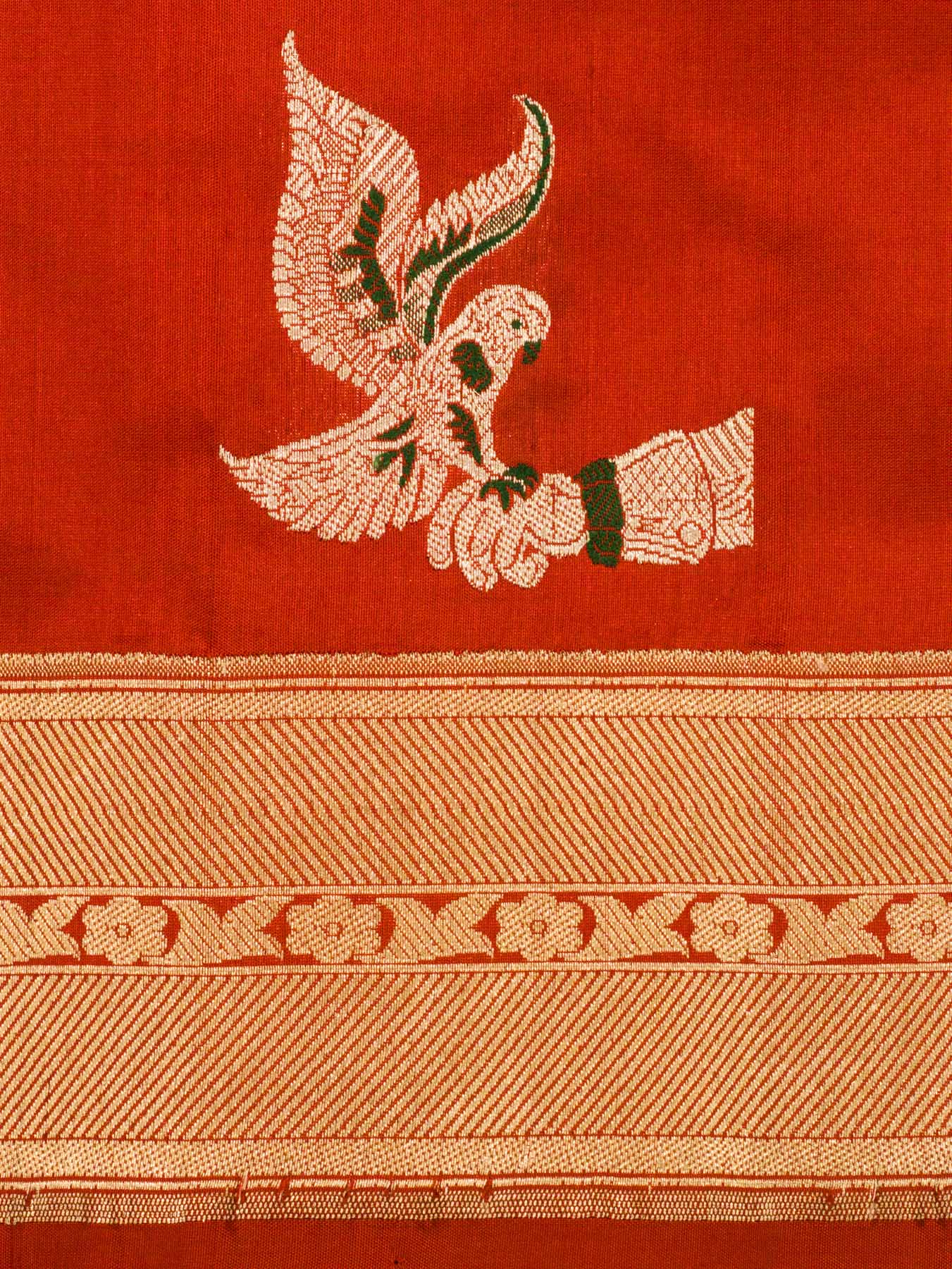 Bright Red Pure Katan Silk Handloom Saree Kadhwa Gold & Silver Zari Shikargah Buti