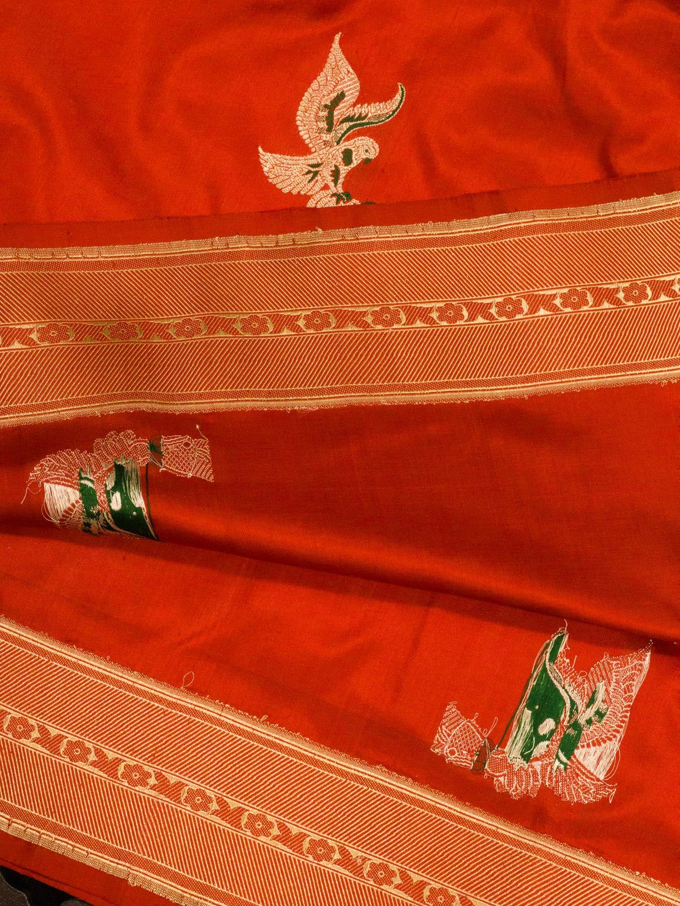 Bright Red Pure Katan Silk Handloom Saree Kadhwa Gold & Silver Zari Shikargah Buti