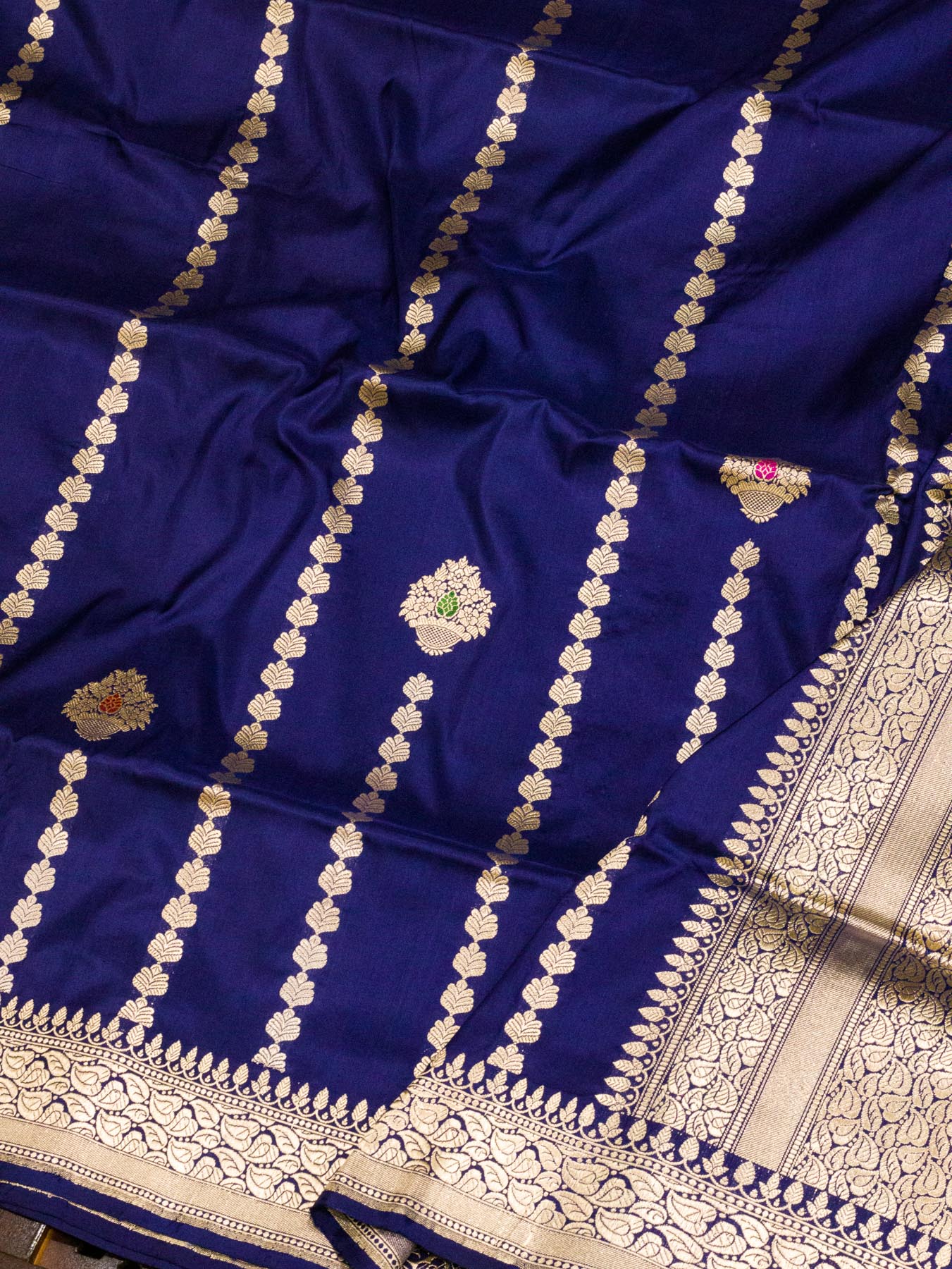 Navy Blue Katan Silk Handloom Saree with Kadhwa Aadha Gold Zari Meenakari Guldasta Buti