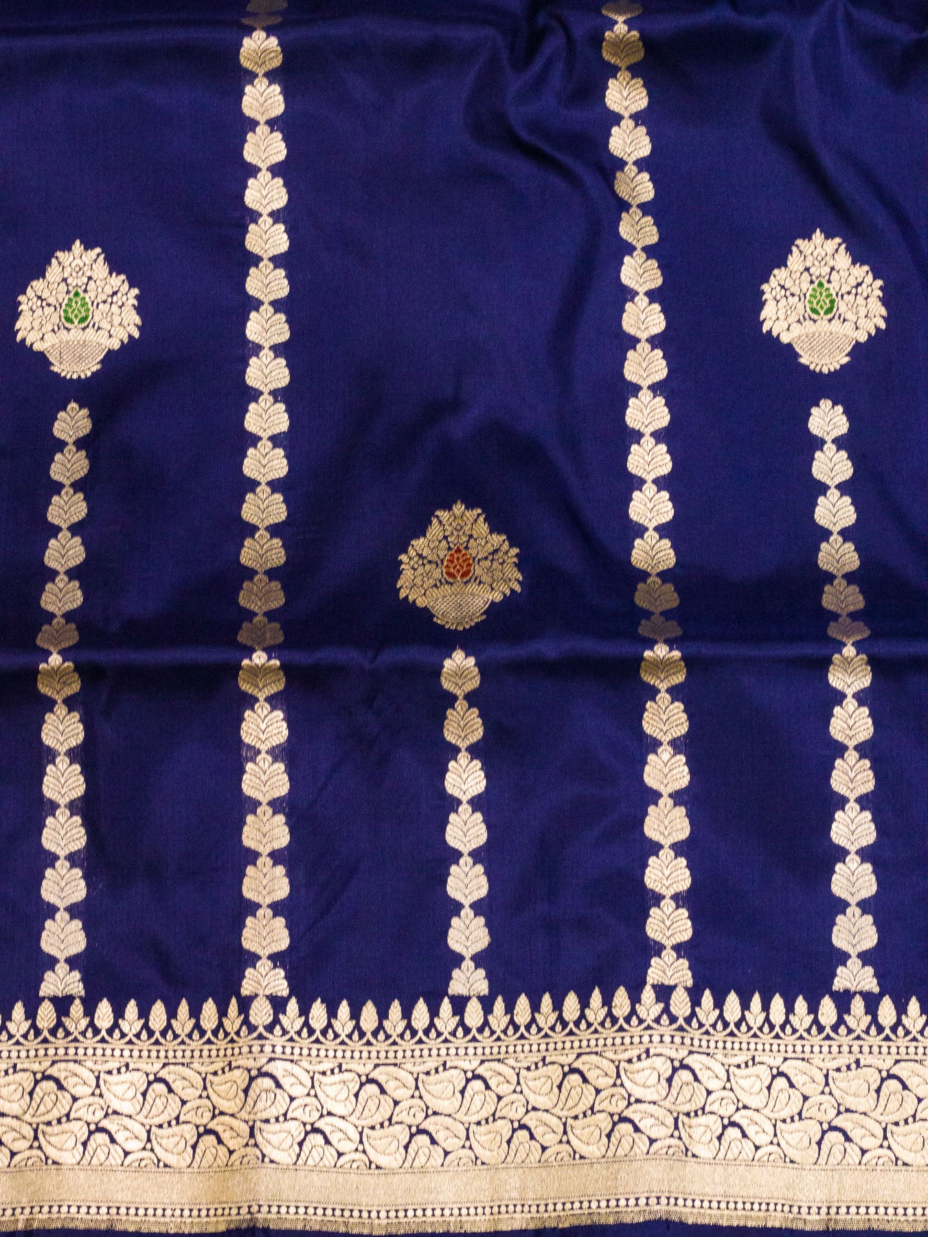 Navy Blue Katan Silk Handloom Saree with Kadhwa Aadha Gold Zari Meenakari Guldasta Buti