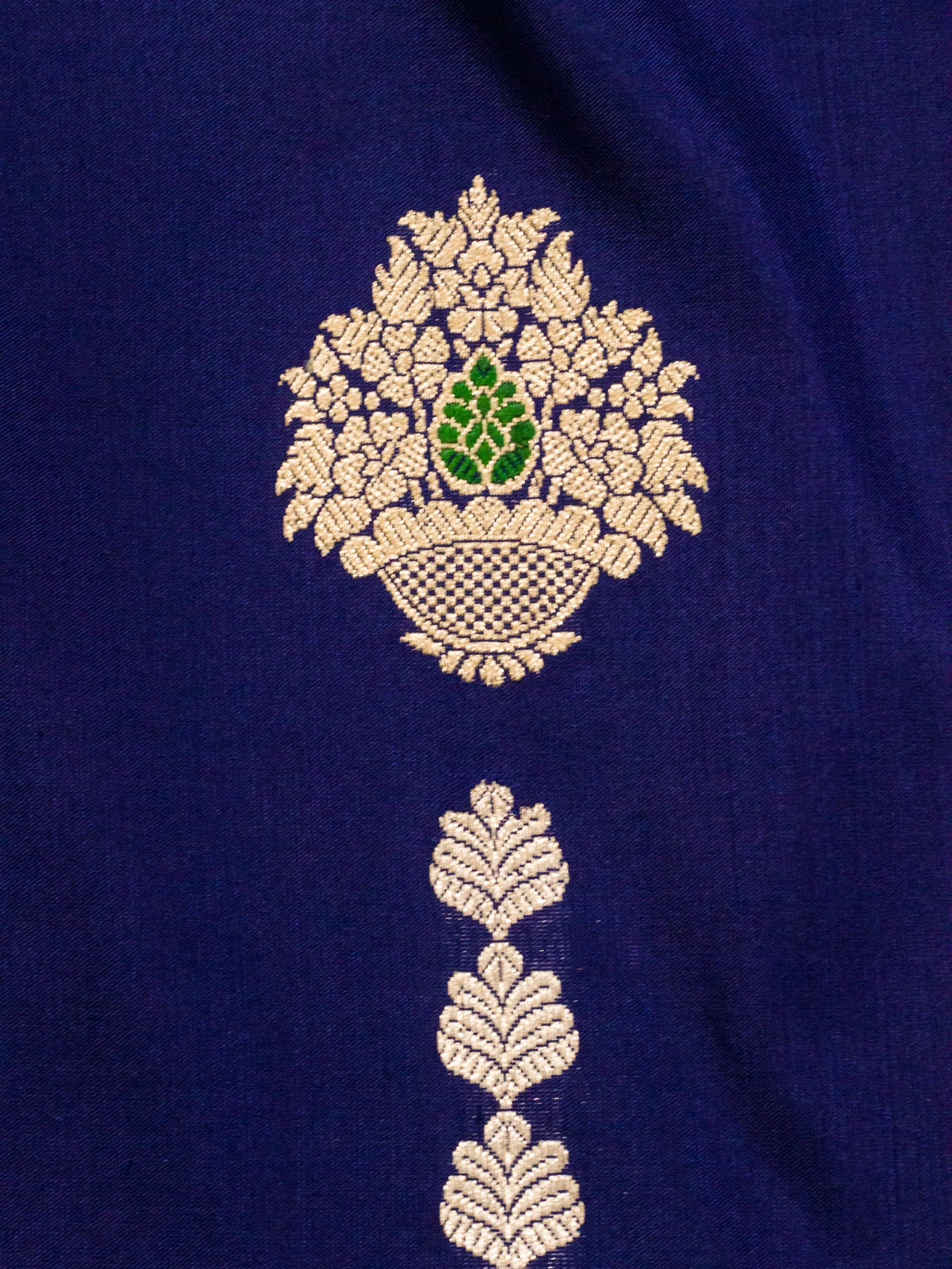 Navy Blue Katan Silk Handloom Saree with Kadhwa Aadha Gold Zari Meenakari Guldasta Buti
