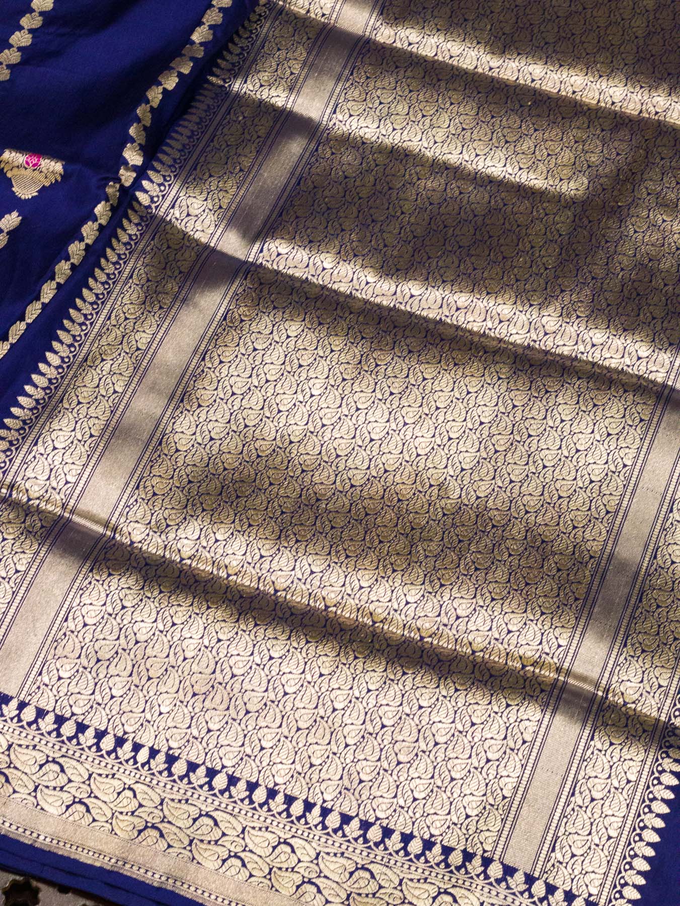 Navy Blue Katan Silk Handloom Saree with Kadhwa Aadha Gold Zari Meenakari Guldasta Buti