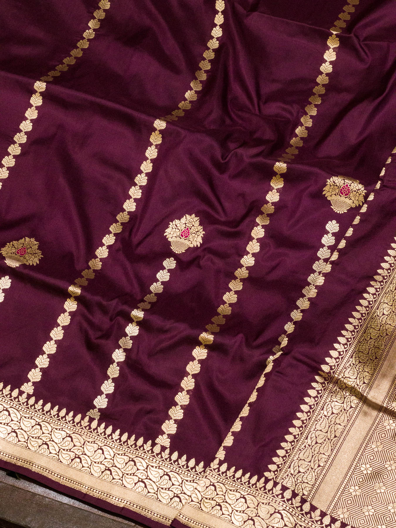 Garnet Pure Katan Silk Handloom Saree with Kadhwa Aadha Gold Zari Meenakari Guldasta Buti