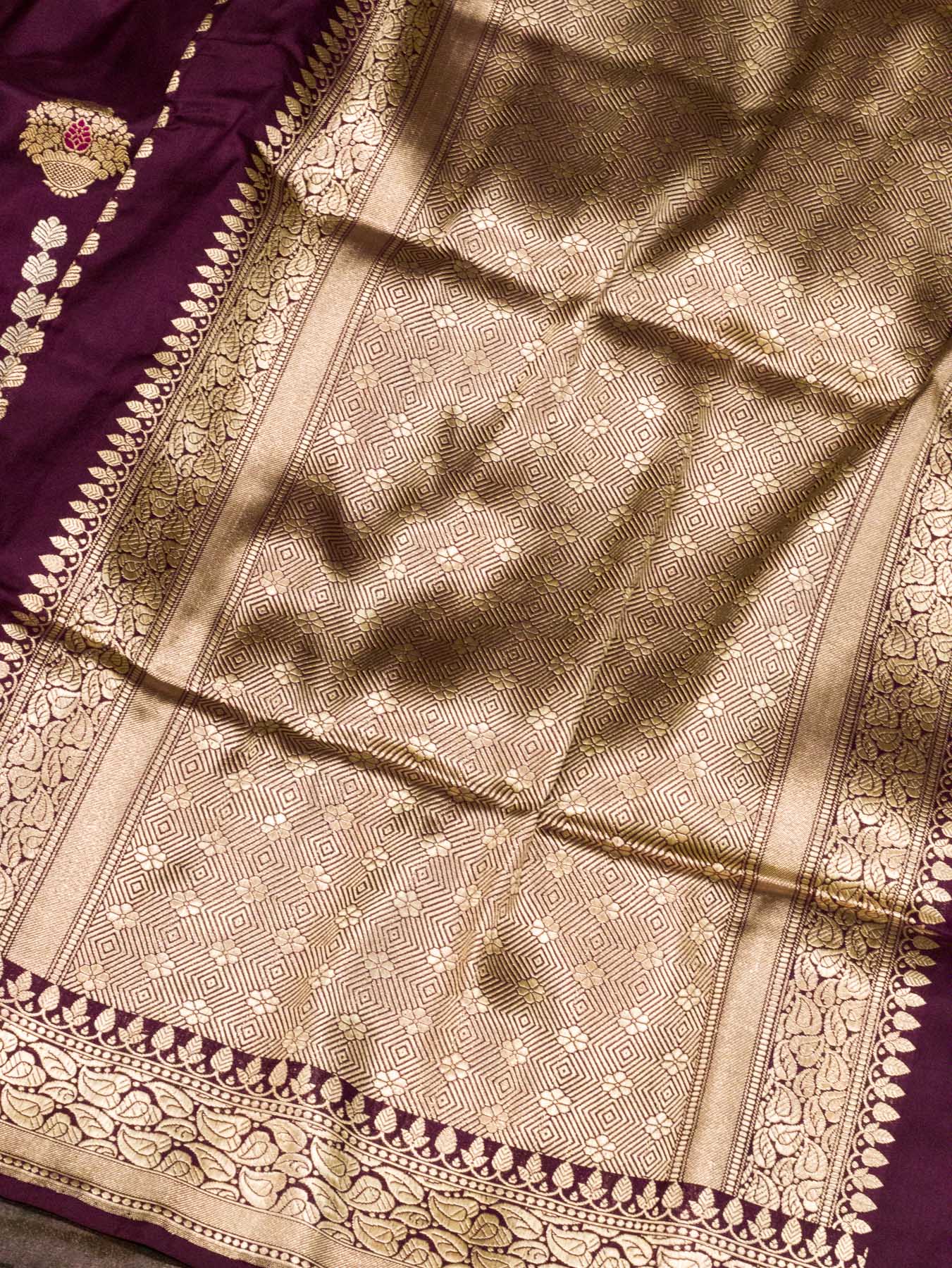 Garnet Pure Katan Silk Handloom Saree with Kadhwa Aadha Gold Zari Meenakari Guldasta Buti