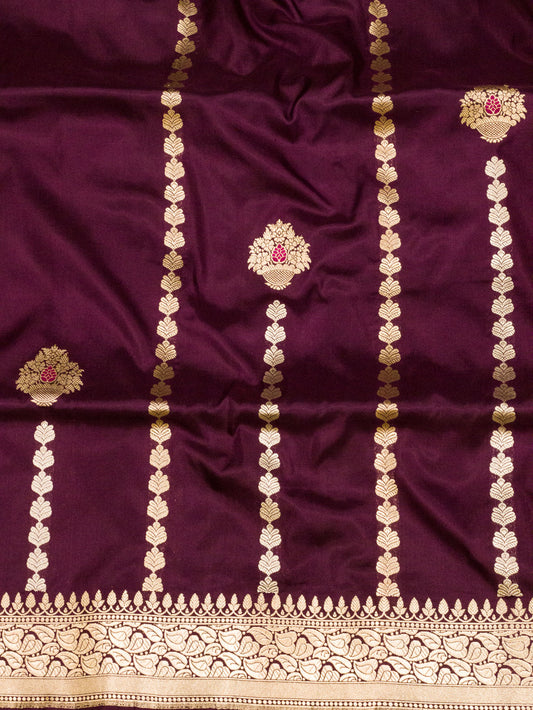 Garnet Pure Katan Silk Handloom Saree with Kadhwa Aadha Gold Zari Meenakari Guldasta Buti