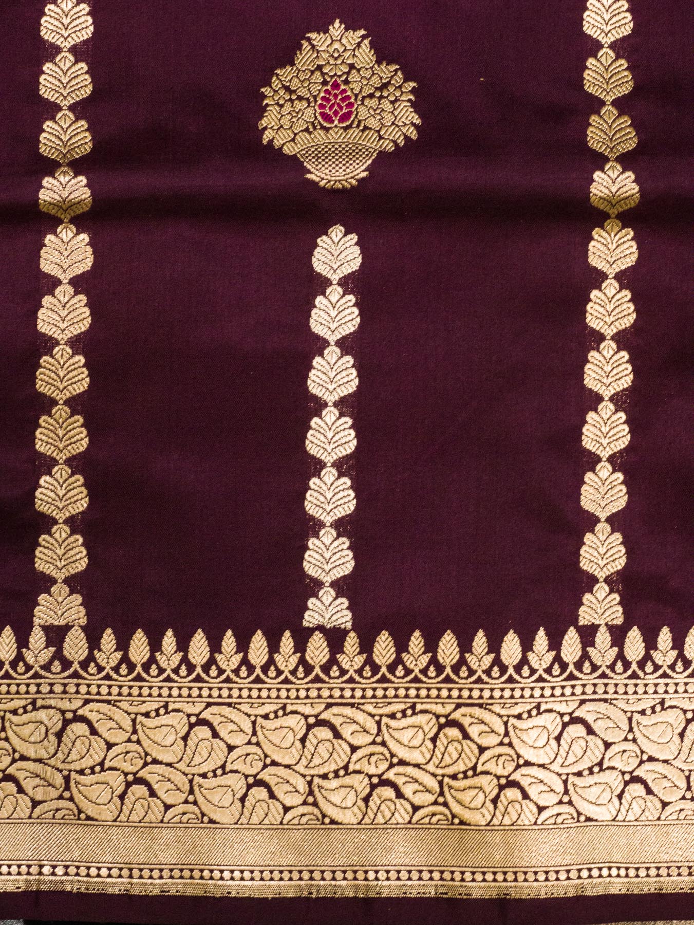 Garnet Pure Katan Silk Handloom Saree with Kadhwa Aadha Gold Zari Meenakari Guldasta Buti
