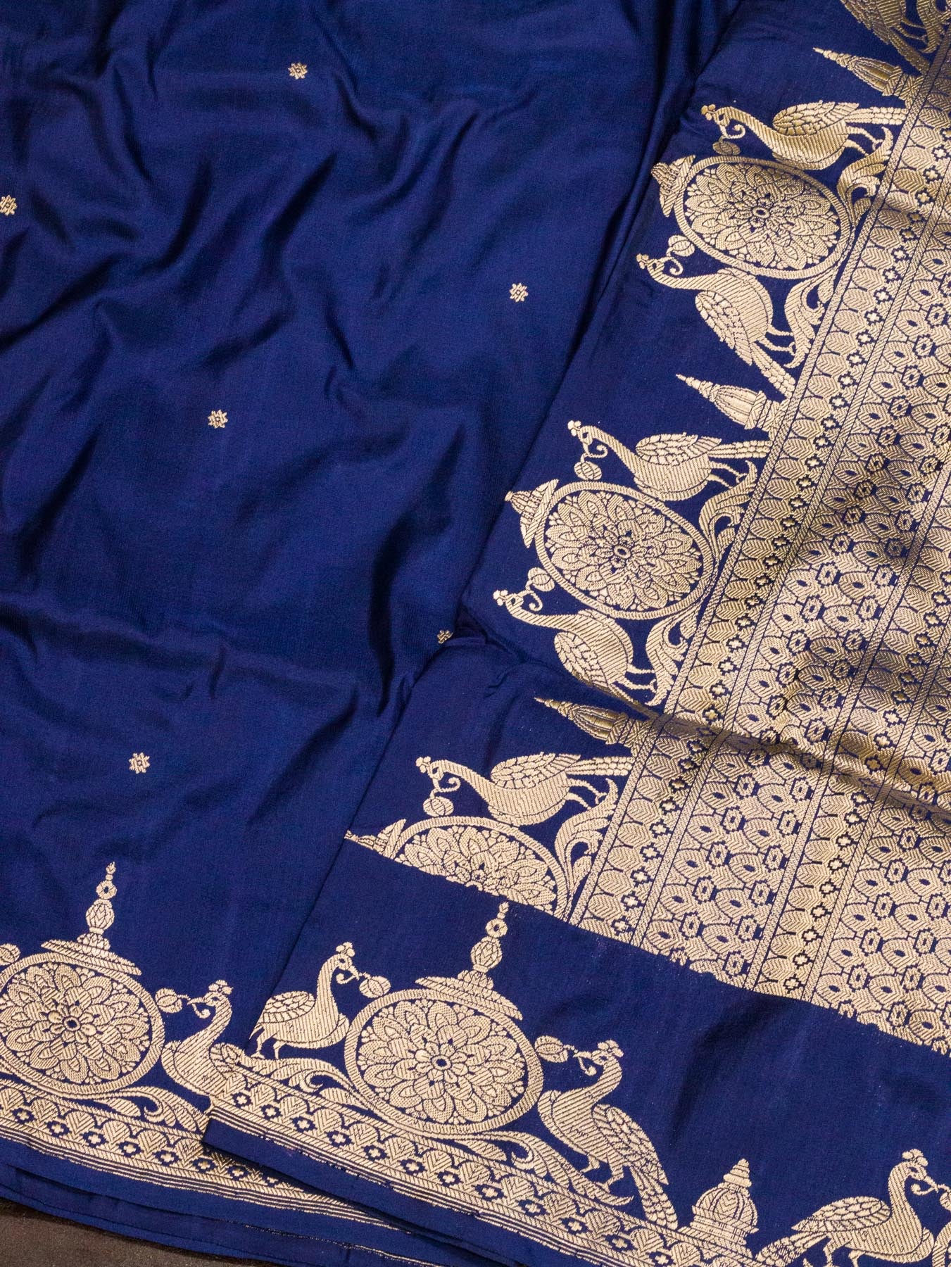 Navy Blue Pure Katan Silk Handloom Saree Kadhwa Gold Zari Fine Buti & Shikargah Border