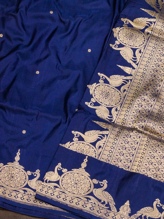 Navy Blue Pure Katan Silk Handloom Saree Kadhwa Gold Zari Fine Buti & Shikargah Border
