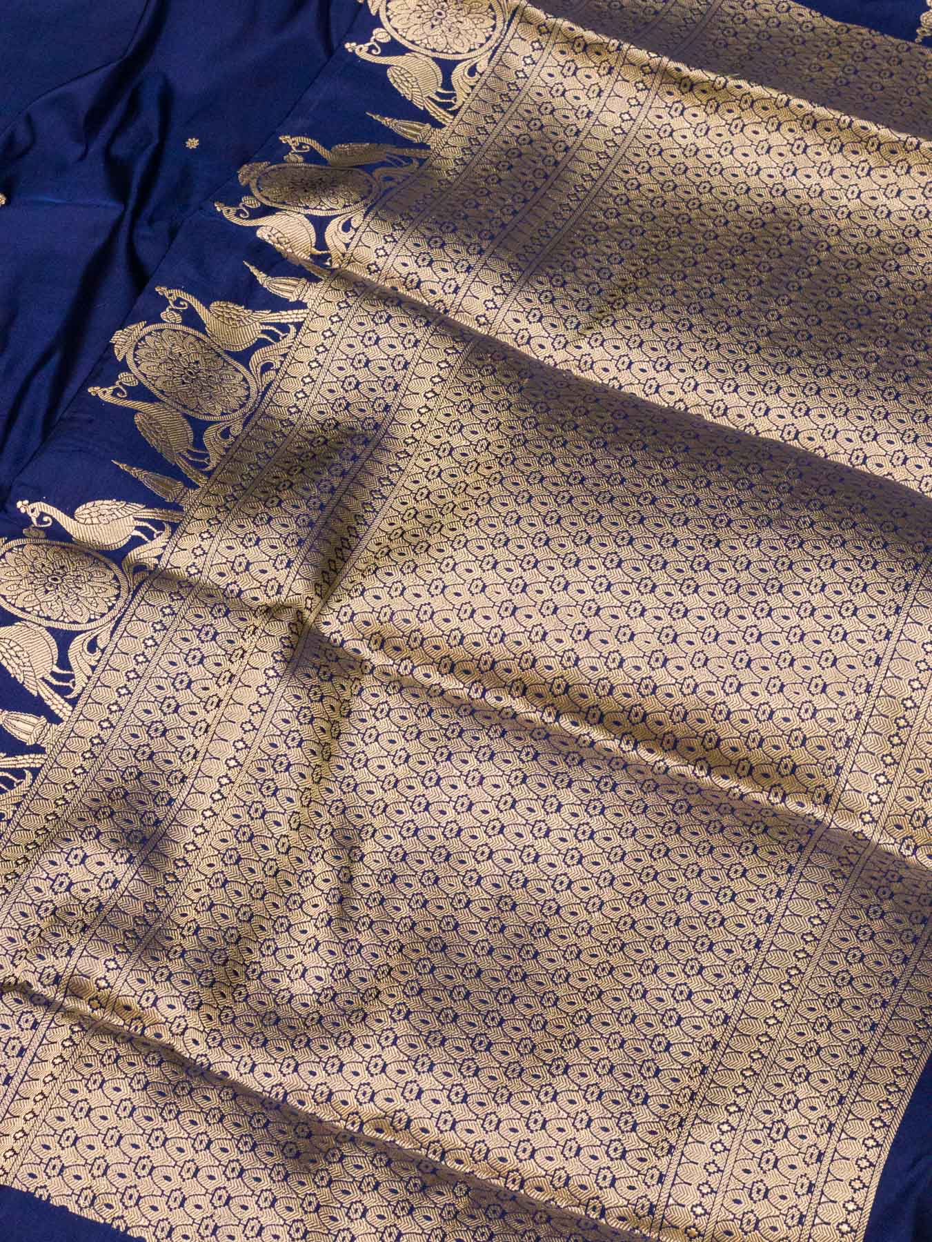 Navy Blue Pure Katan Silk Handloom Saree Kadhwa Gold Zari Fine Buti & Shikargah Border