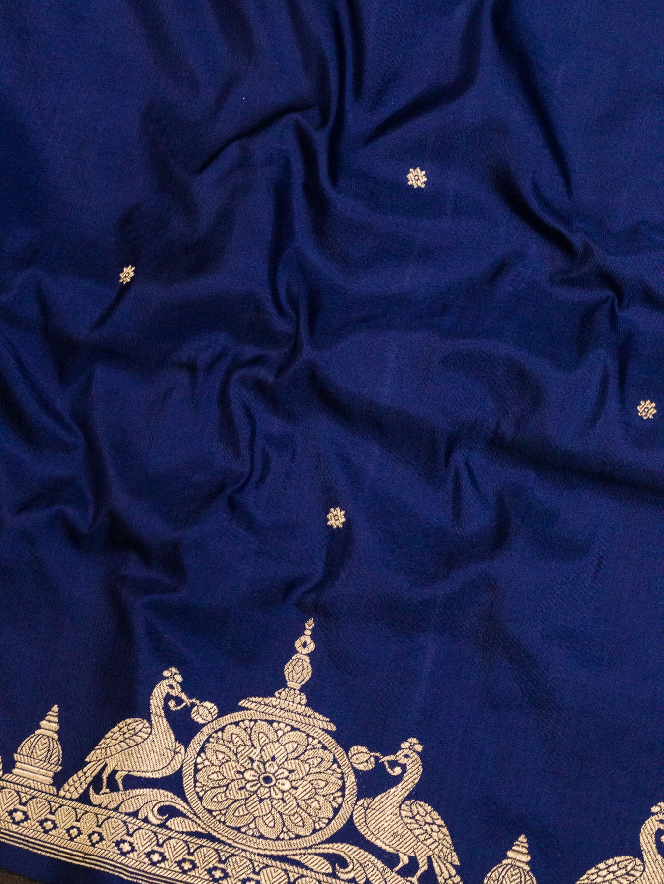 Navy Blue Pure Katan Silk Handloom Saree Kadhwa Gold Zari Fine Buti & Shikargah Border