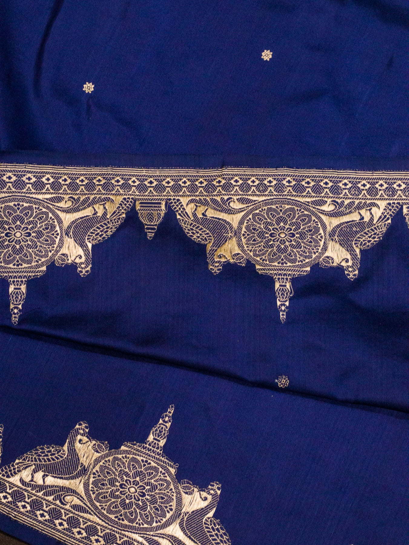 Navy Blue Pure Katan Silk Handloom Saree Kadhwa Gold Zari Fine Buti & Shikargah Border