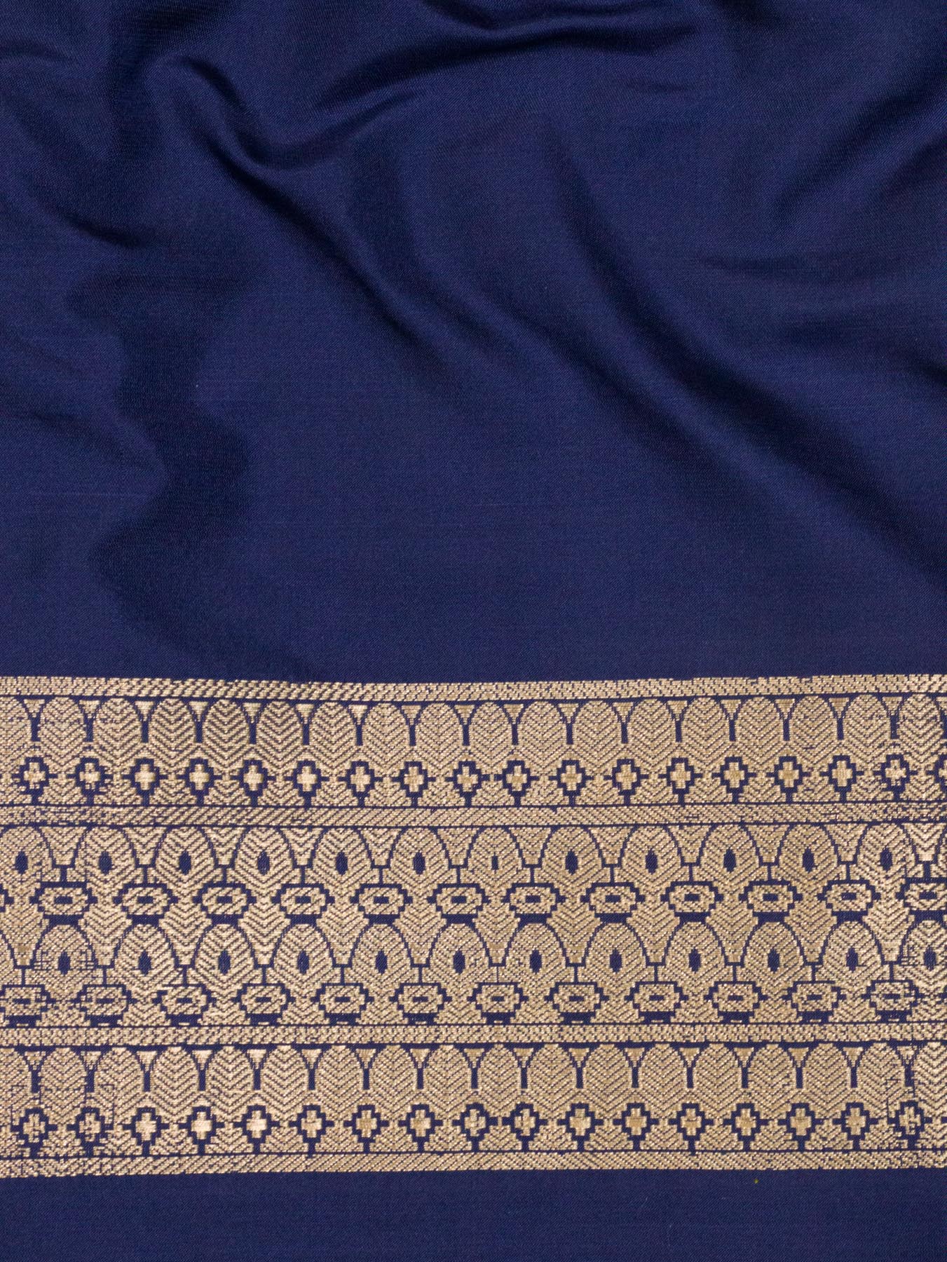 Navy Blue Pure Katan Silk Handloom Saree Kadhwa Gold Zari Fine Buti & Shikargah Border