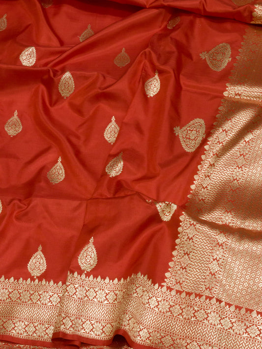Bright Red Pure Katan Silk Handloom Saree with Kadhwa Gold Zari Buti