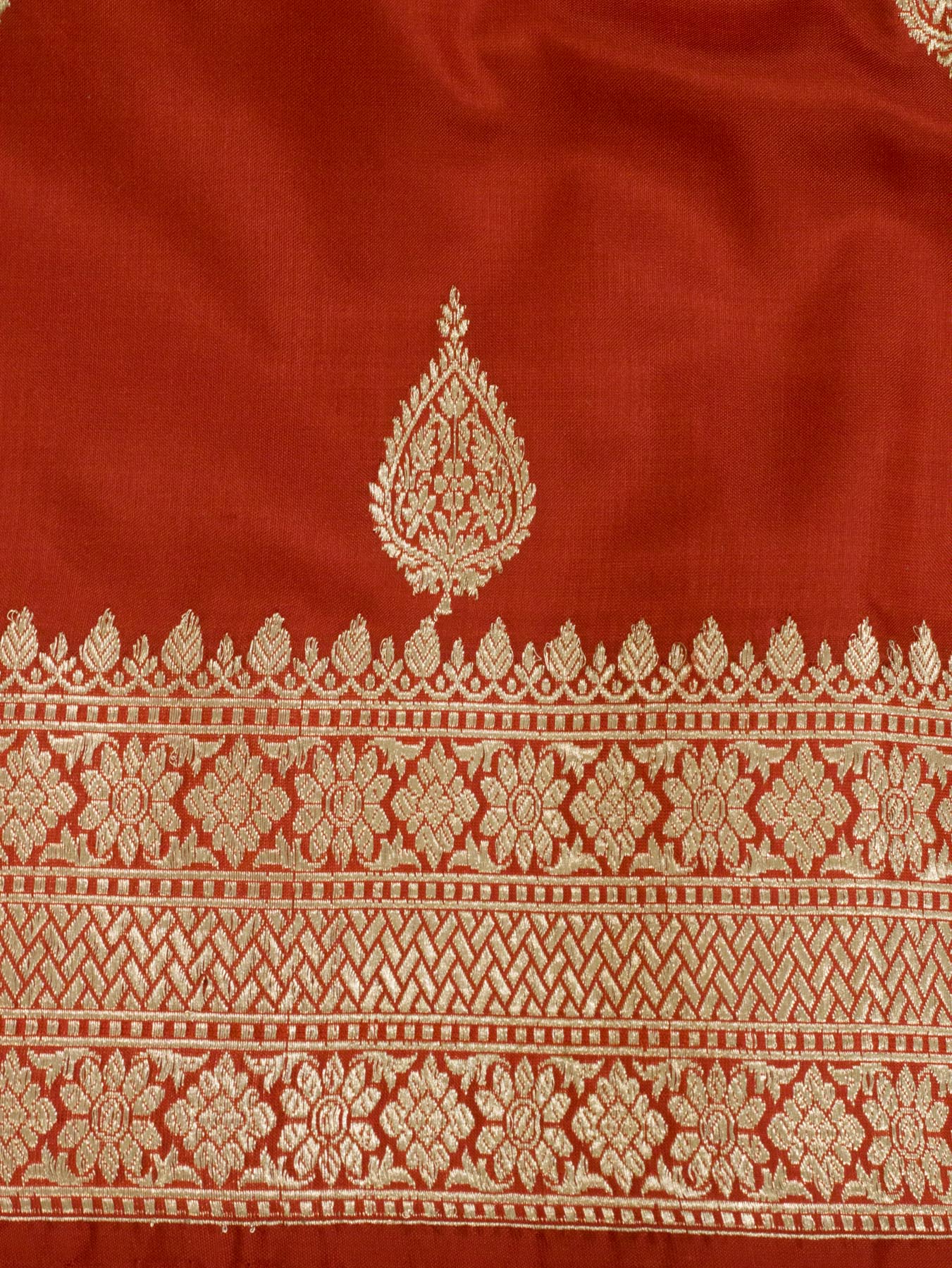 Pure Katan Silk Red Banarasi Exquisitely crafted with intricate Kadhwa Gold Zari Butis - front view - ZARISPIRE