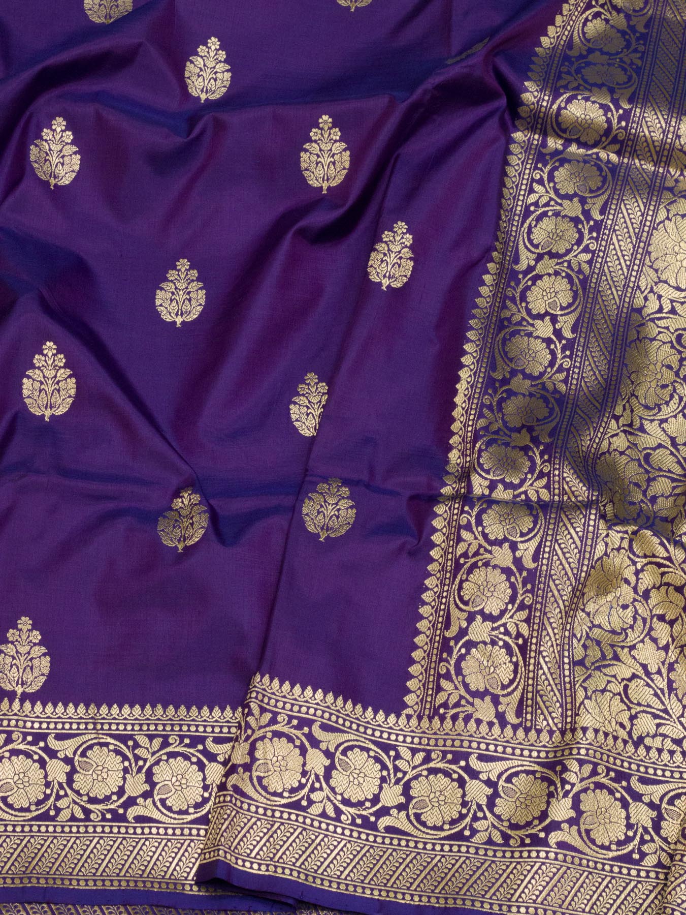 Pure Katan Silk Purple Banarasi Exquisitely crafted with intricate Kadhwa Gold Zari Butis - close-up - ZARISPIRE
