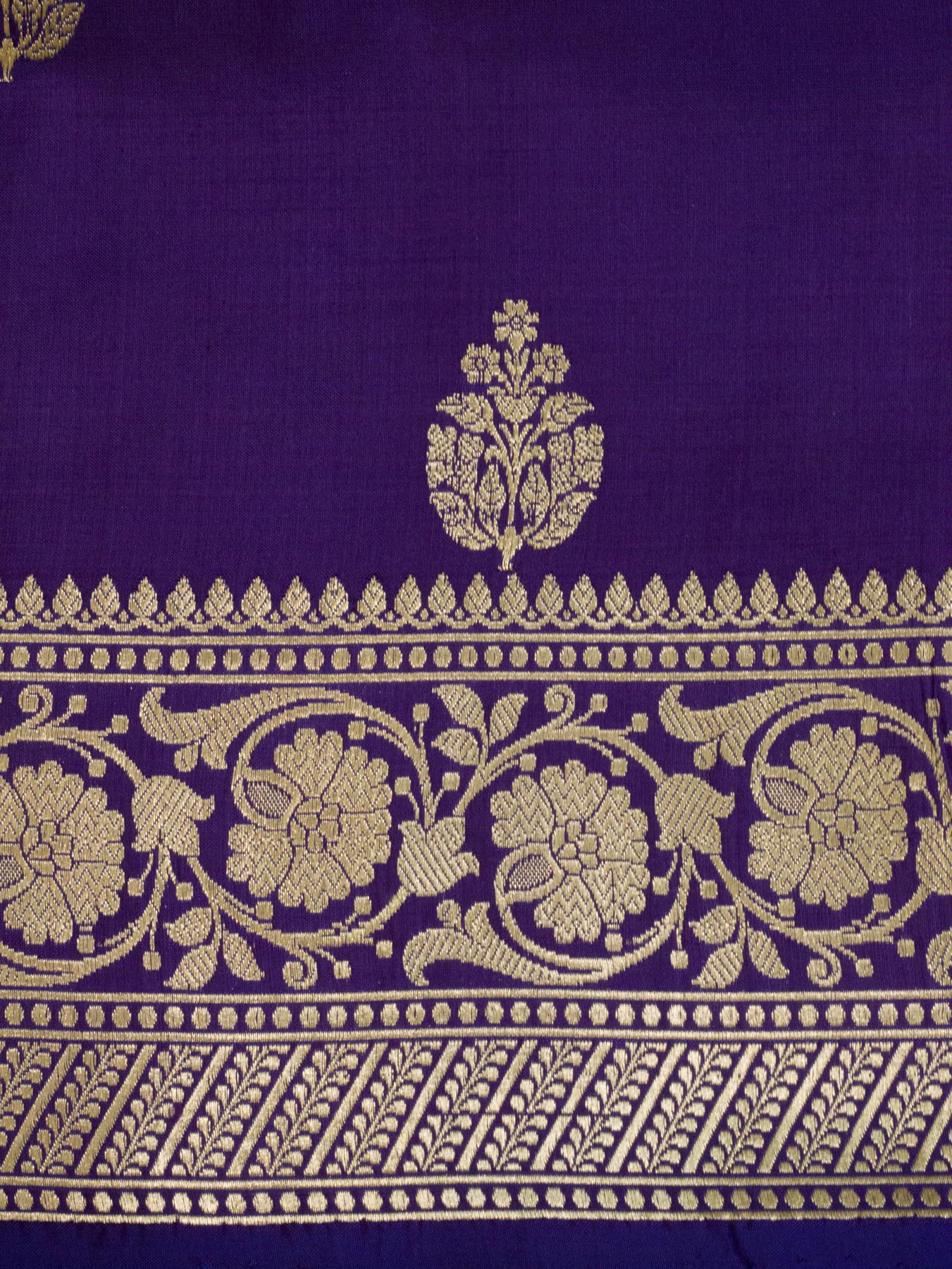 Pure Katan Silk Purple Banarasi Exquisitely crafted with intricate Kadhwa Gold Zari Butis - close-up - ZARISPIRE