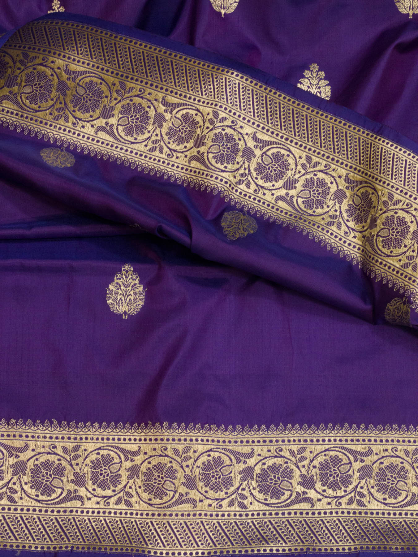 Pure Katan Silk Purple Banarasi Exquisitely crafted with intricate Kadhwa Gold Zari Butis - close-up - ZARISPIRE