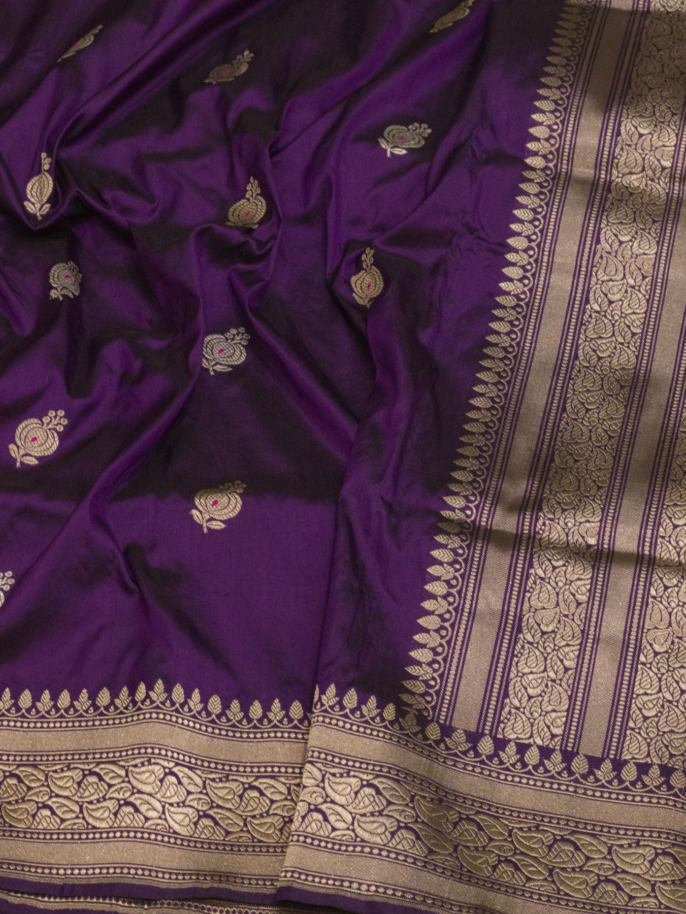 Magenta Purple Pure Katan Silk Handloom Saree Kadhwa Gold & Silver Zari Buti