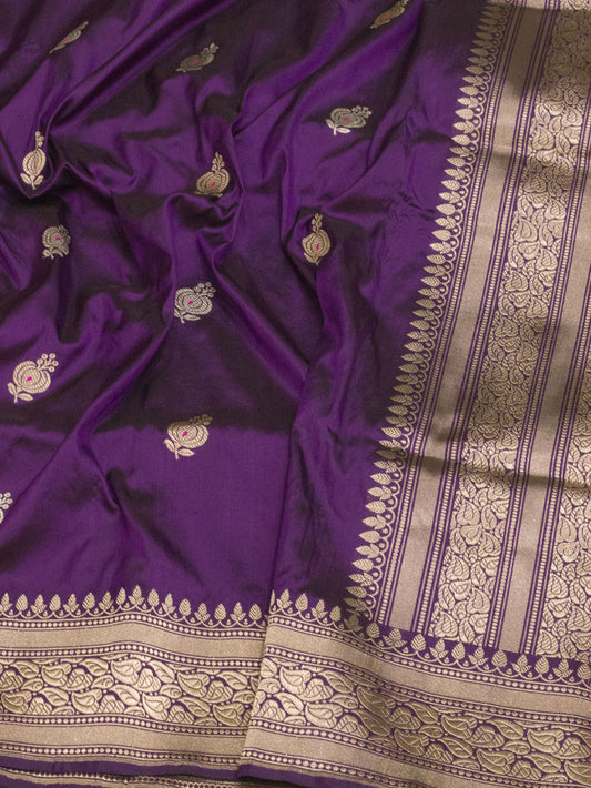 Magenta Purple Pure Katan Silk Handloom Saree Kadhwa Gold & Silver Zari Buti