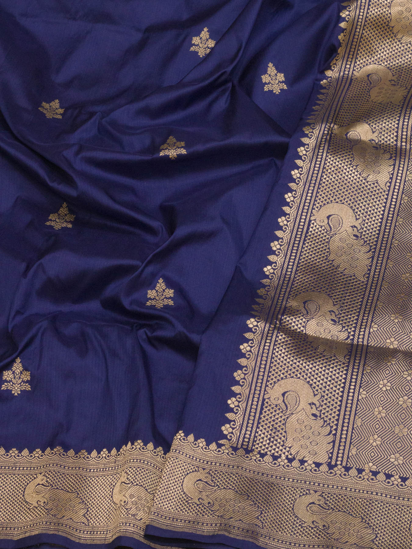 Indigo Blue Pure Katan Silk Handloom Saree Kadhwa Gold Zari Buti & Shikargah Border