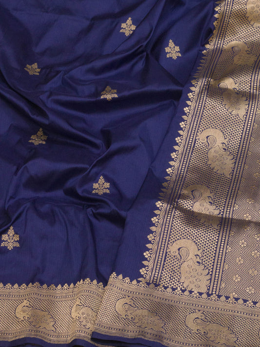 Indigo Blue Pure Katan Silk Handloom Saree Kadhwa Gold Zari Buti & Shikargah Border