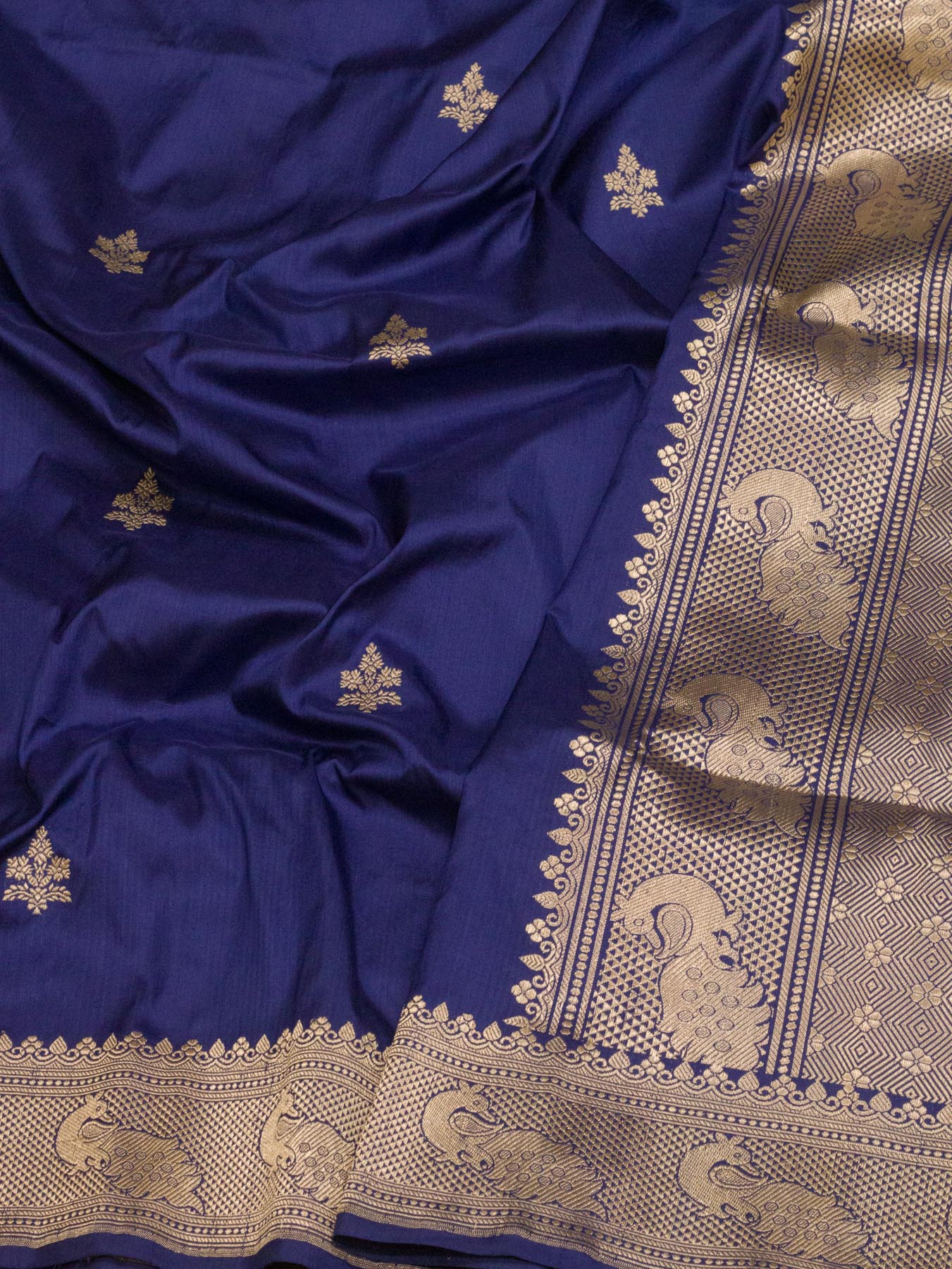 Pure Katan Silk Indigo Blue Banarasi Exquisitely woven with intricate Kadhwa Gold Zari Buti & Shikargah Zari - ZARISPIRE