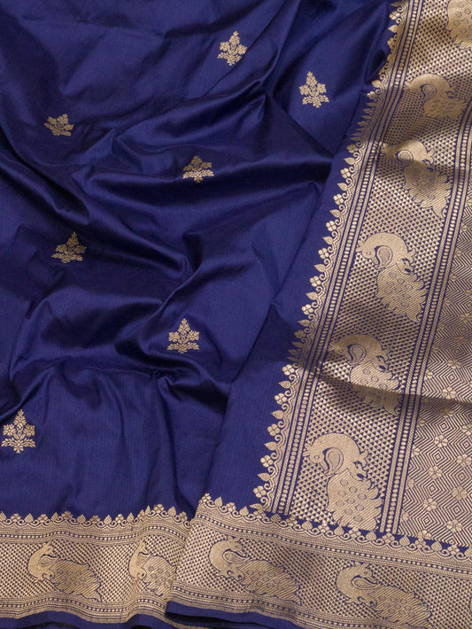 Indigo Blue Pure Katan Silk Handloom Saree Kadhwa Gold Zari Buti & Shikargah Border