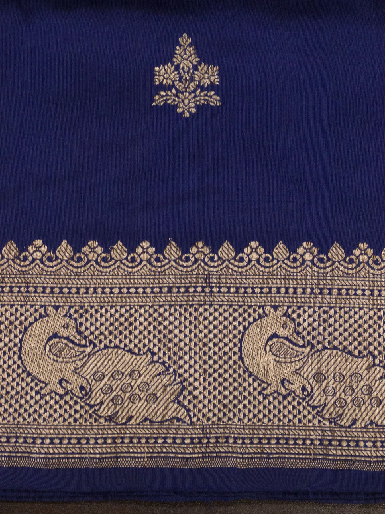 Indigo Blue Pure Katan Silk Handloom Saree Kadhwa Gold Zari Buti & Shikargah Border