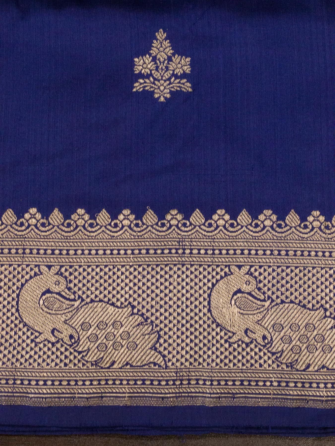 Pure Katan Silk Indigo Blue Banarasi Exquisitely woven with intricate Kadhwa Gold Zari Buti & Shikargah Zari - ZARISPIRE