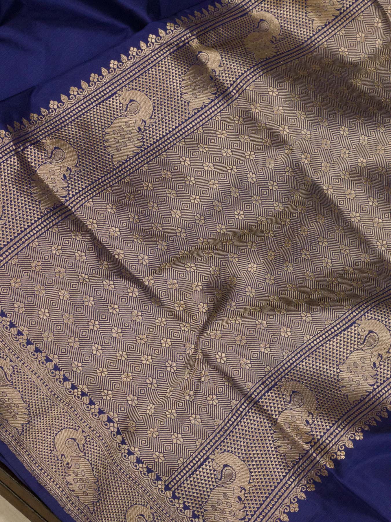 Indigo Blue Pure Katan Silk Handloom Saree Kadhwa Gold Zari Buti & Shikargah Border