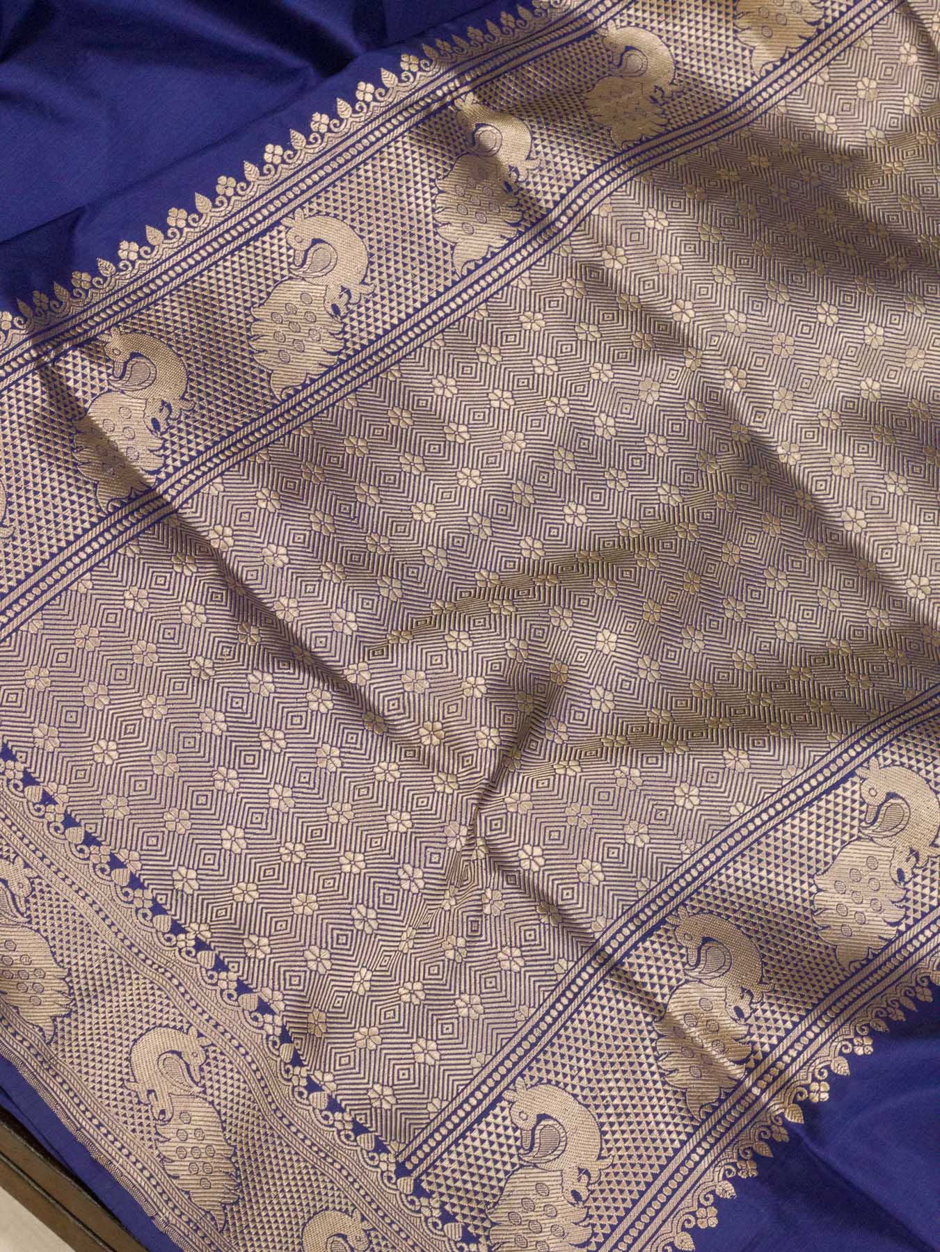 Pure Katan Silk Indigo Blue Banarasi Exquisitely woven with intricate Kadhwa Gold Zari Buti & Shikargah Zari - ZARISPIRE