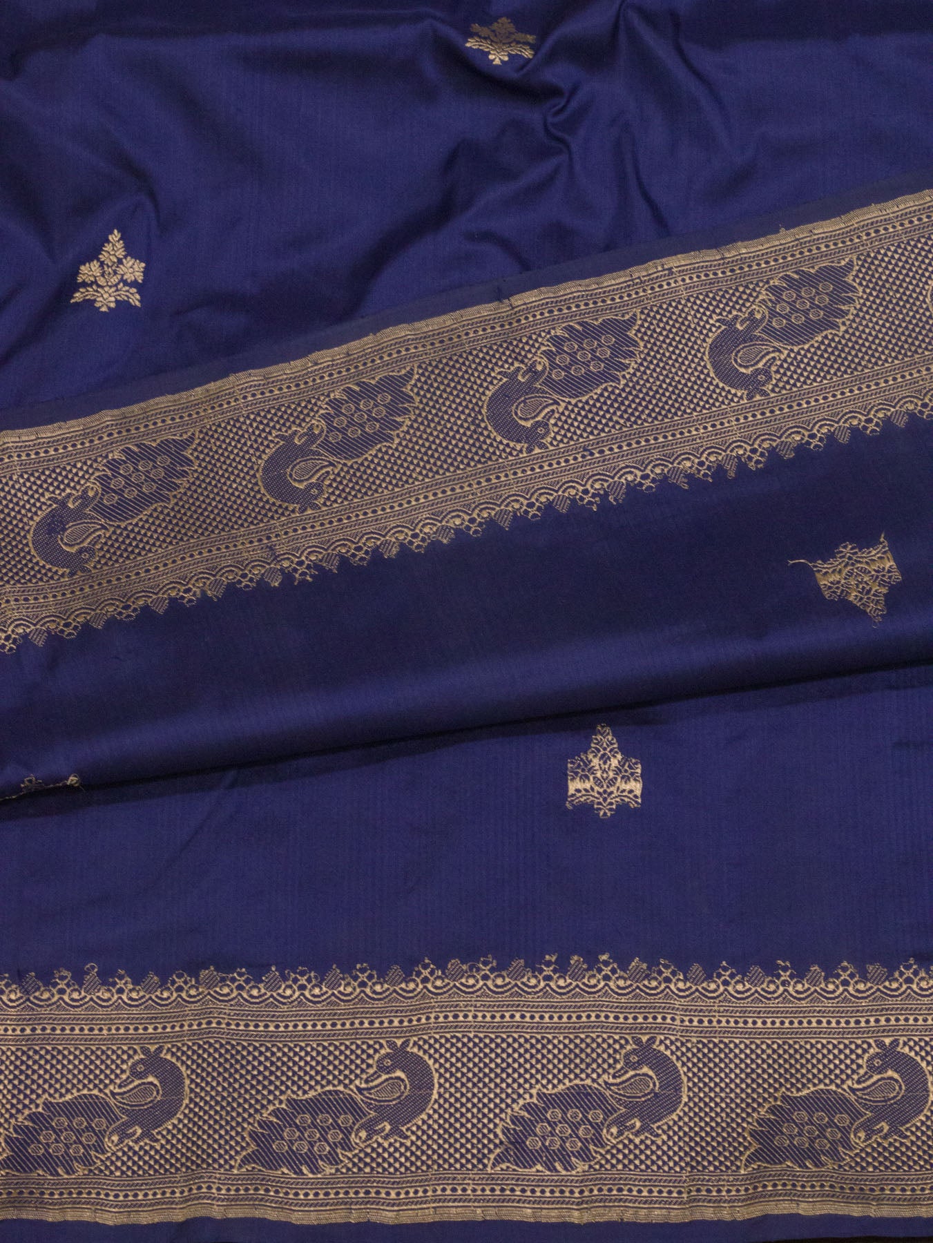Indigo Blue Pure Katan Silk Handloom Saree Kadhwa Gold Zari Buti & Shikargah Border