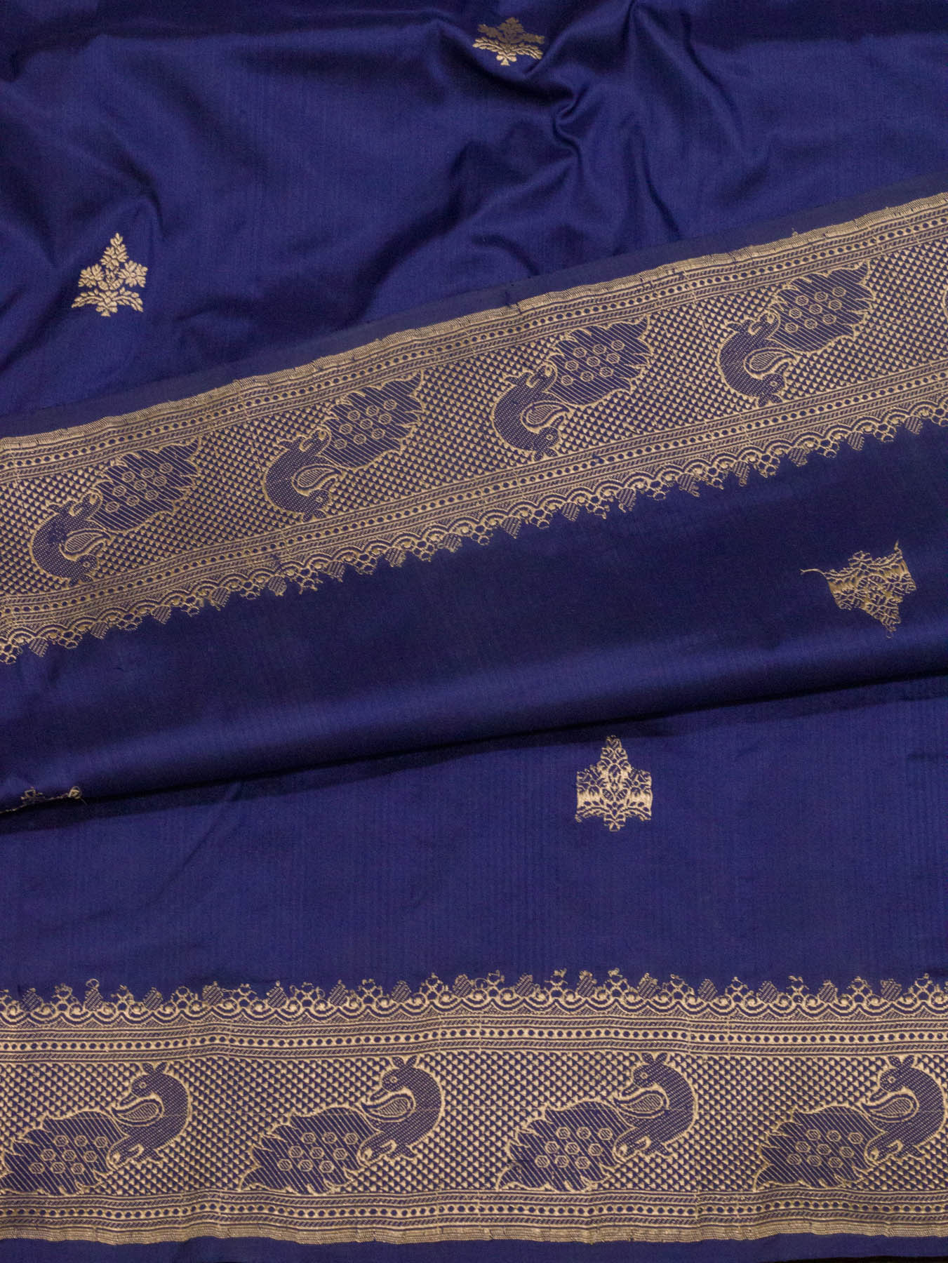 Pure Katan Silk Indigo Blue Banarasi Exquisitely woven with intricate Kadhwa Gold Zari Buti & Shikargah Zari - ZARISPIRE