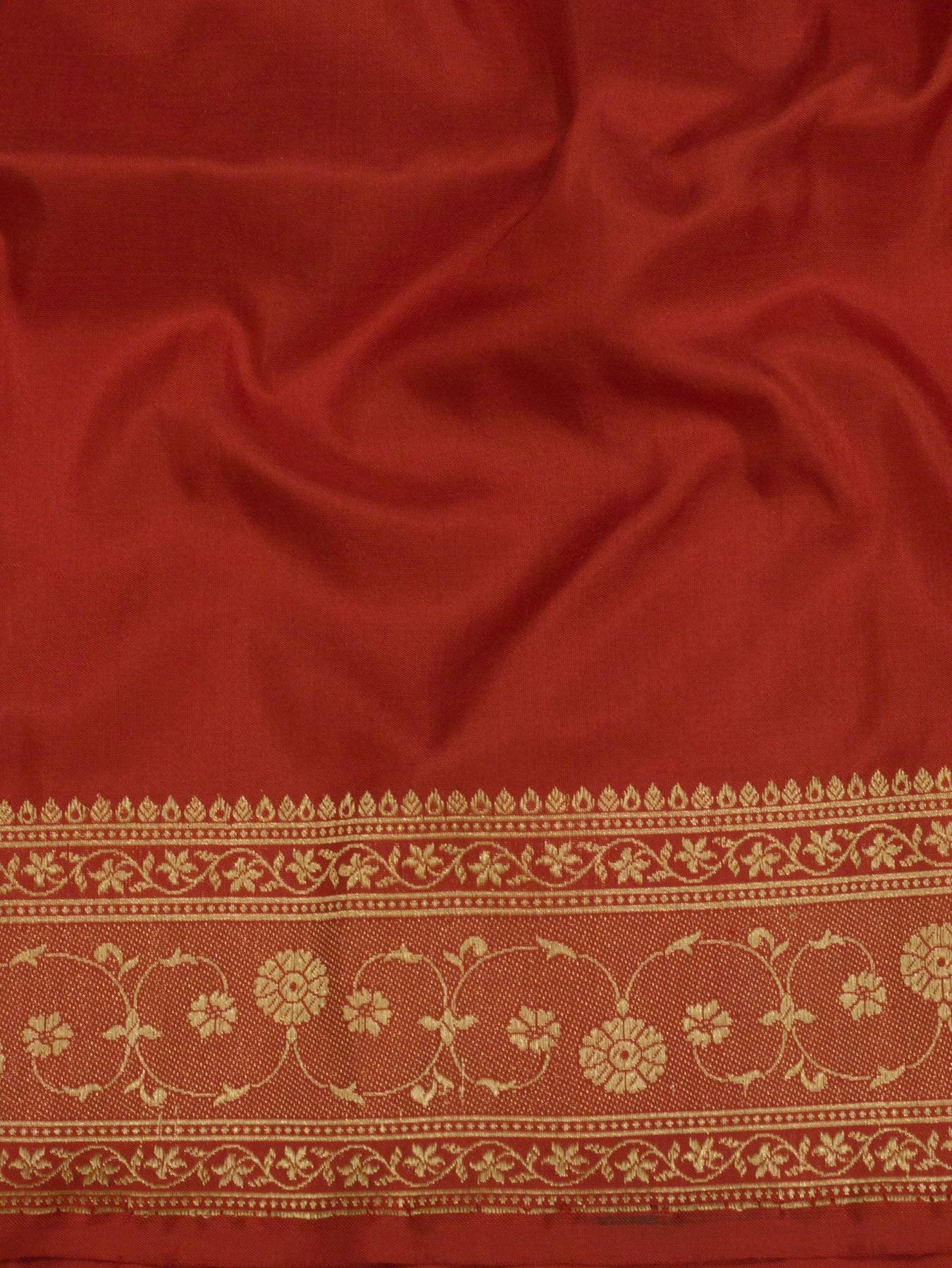 Bright Red Pure Katan Silk Handloom Plain Saree with Kadhwa Gold Zari Buta Pallu