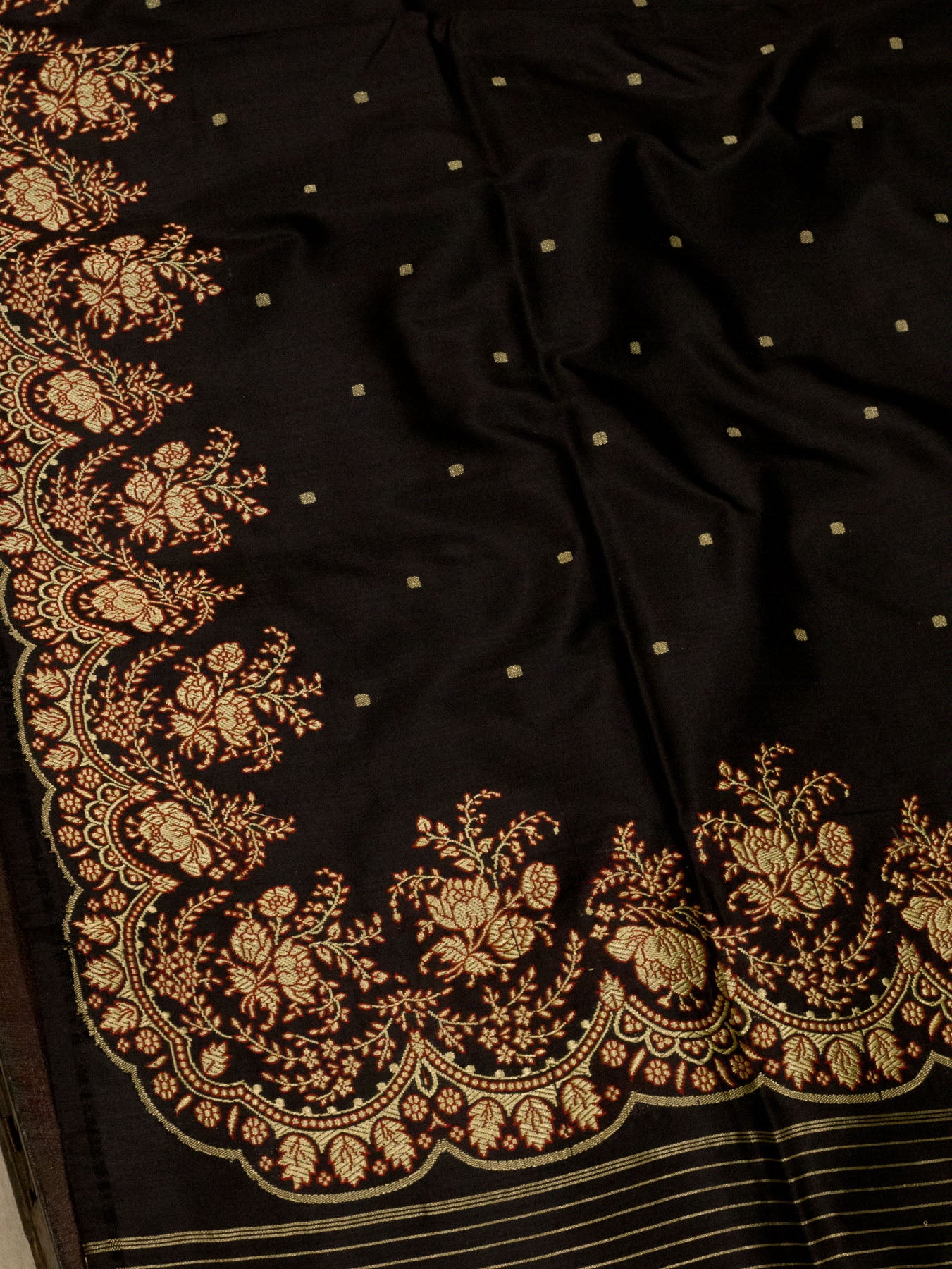 Black Pure Katan Silk Handloom Kadhwa Saree with Scallop Meenakari Border & Pallu and Fine Gold Zari Khaddi Buti