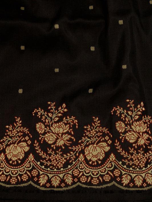 Black Pure Katan Silk Handloom Kadhwa Saree with Scallop Meenakari Border & Pallu and Fine Gold Zari Khaddi Buti