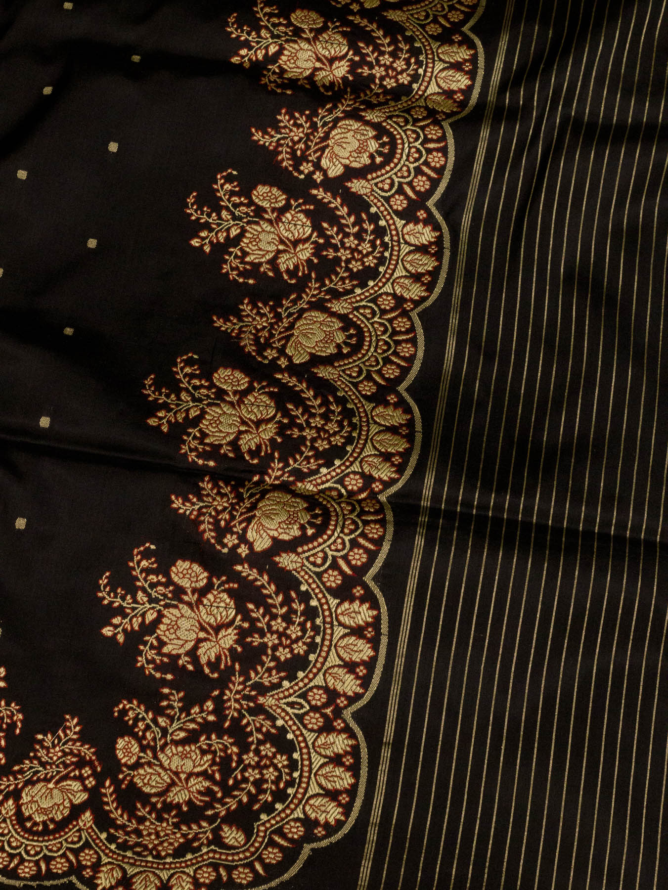 Black Pure Katan Silk Handloom Kadhwa Saree with Scallop Meenakari Border & Pallu and Fine Gold Zari Khaddi Buti