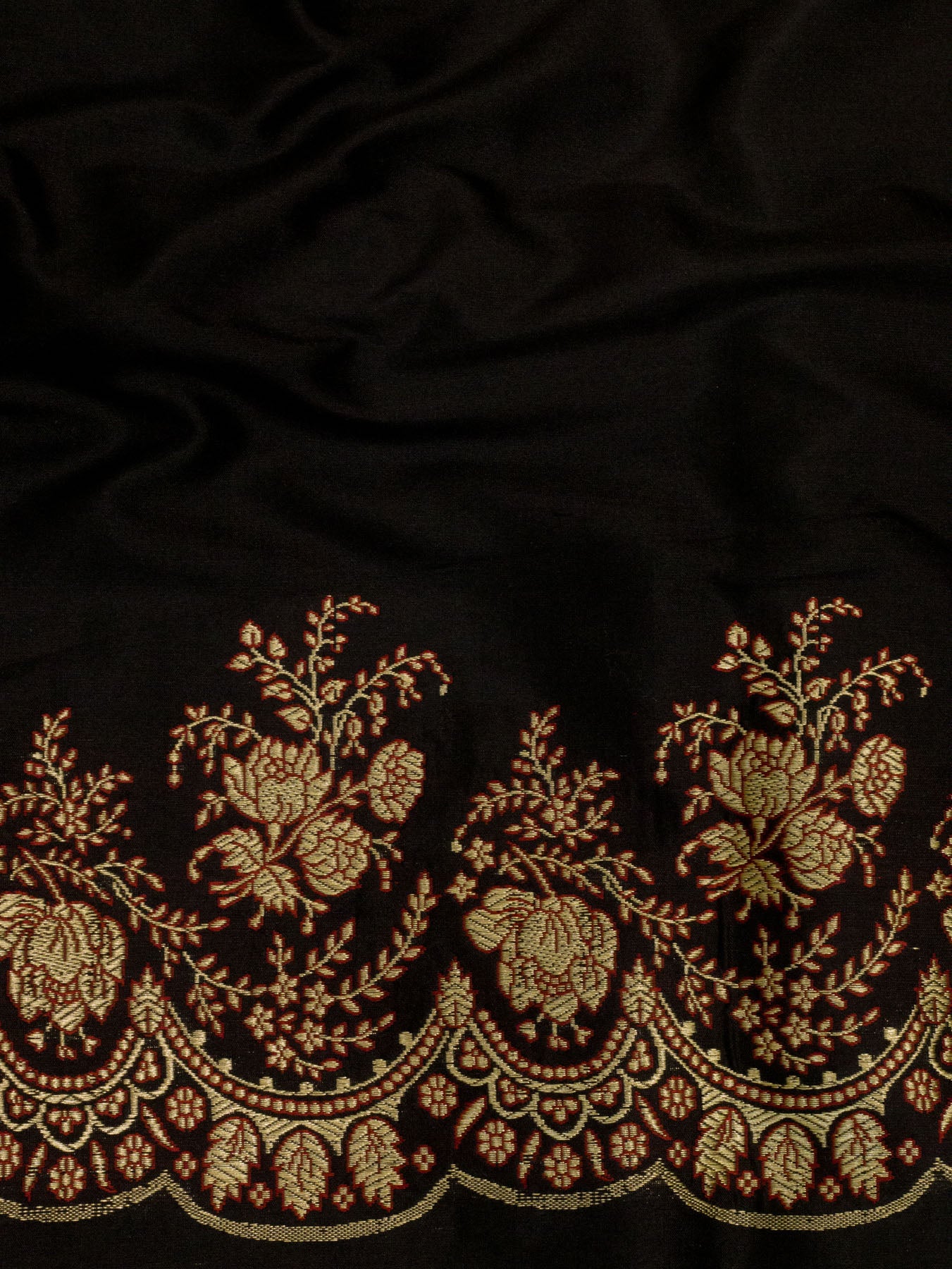 Black Pure Katan Silk Handloom Kadhwa Saree with Scallop Meenakari Border & Pallu and Fine Gold Zari Khaddi Buti