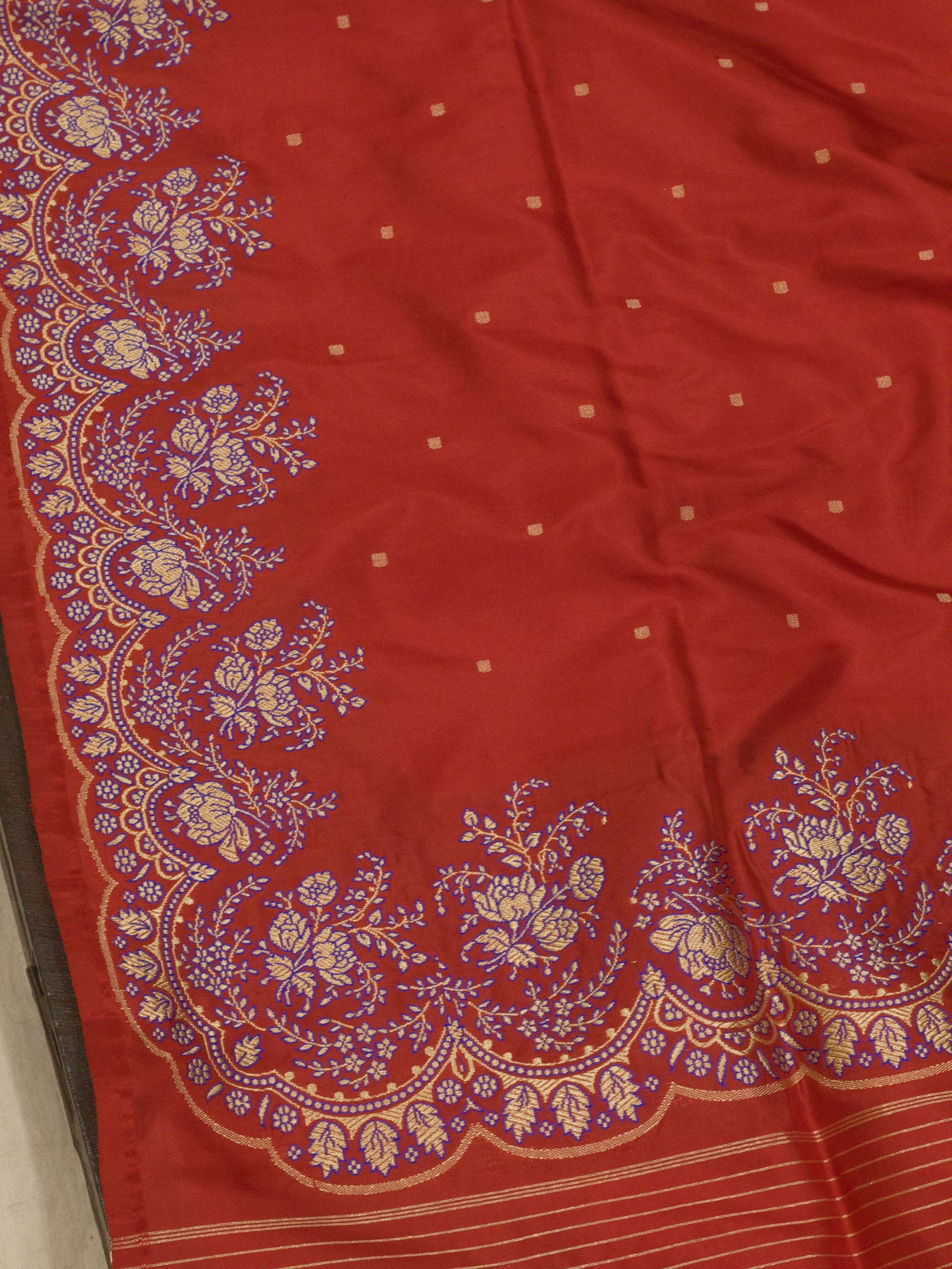 Bright Red Pure Katan Silk Handloom Kadhwa Saree with Scallop Meenakari Border & Pallu and Fine Gold Zari Khaddi Buti