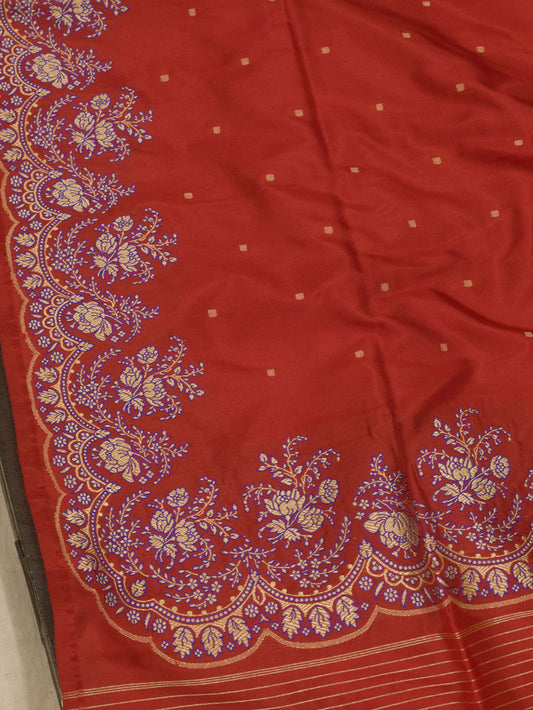 Bright Red Pure Katan Silk Handloom Kadhwa Saree with Scallop Meenakari Border & Pallu and Fine Gold Zari Khaddi Buti