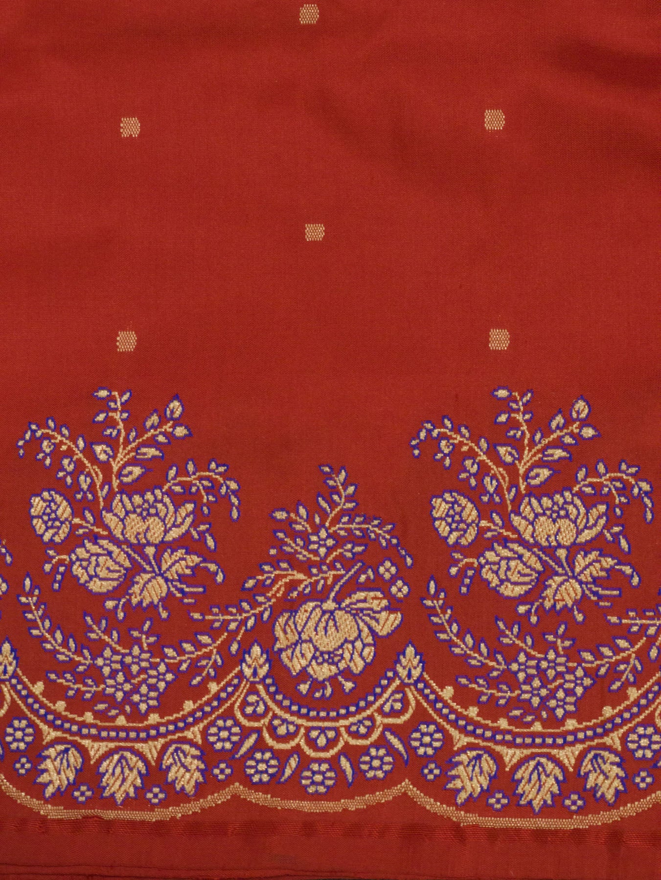 Bright Red Pure Katan Silk Handloom Kadhwa Saree with Scallop Meenakari Border & Pallu and Fine Gold Zari Khaddi Buti