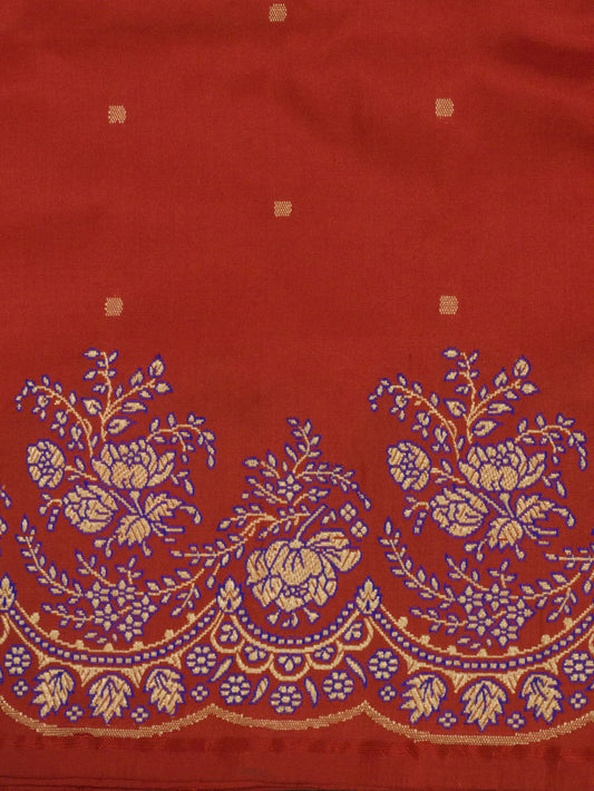 Bright Red Pure Katan Silk Handloom Kadhwa Saree with Scallop Meenakari Border & Pallu and Fine Gold Zari Khaddi Buti