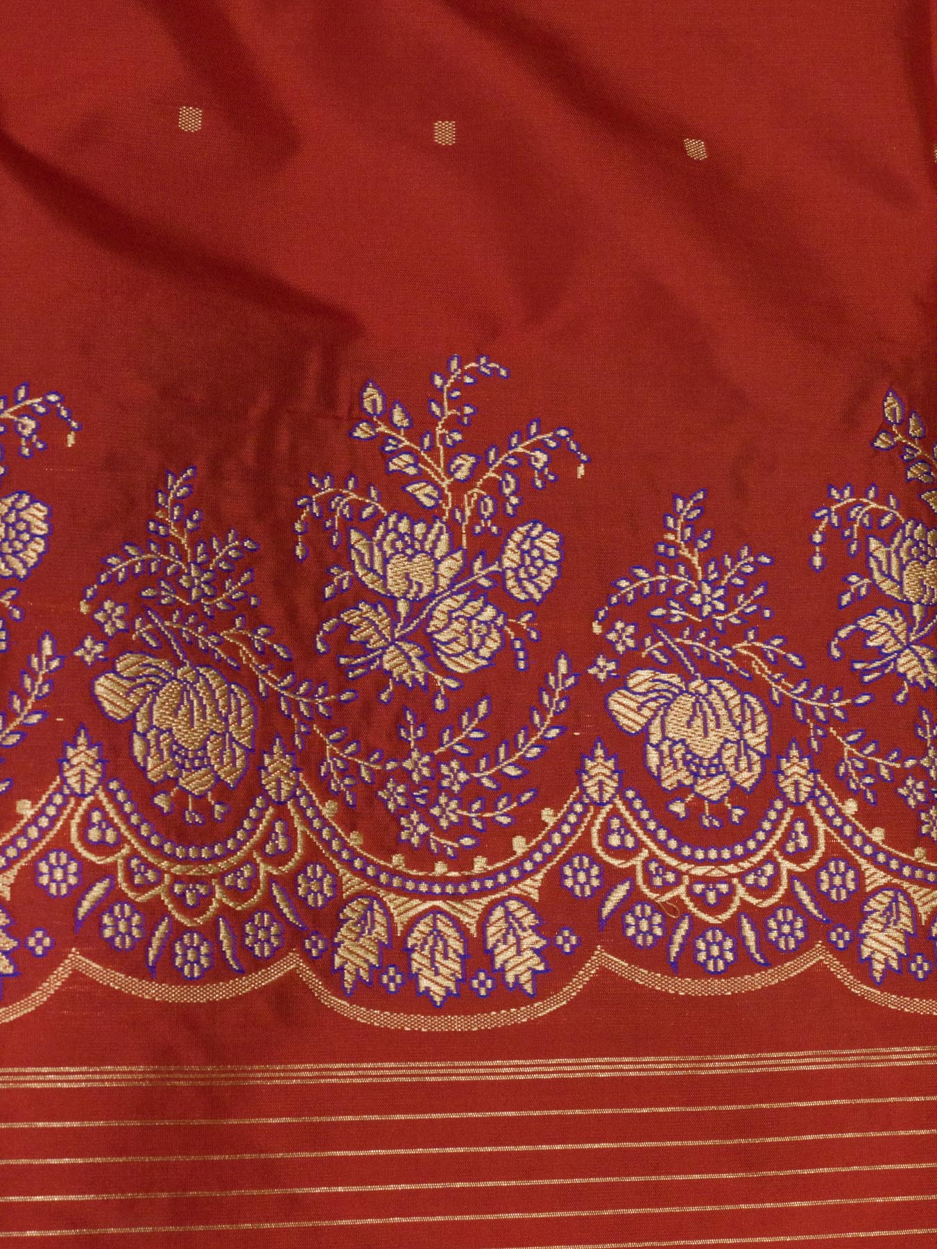 Pure Katan Silk Red Banarasi Saree with Scallop Meenakari Border and Pallu and Fine Gold Zari Khaddi Butis - ZARISPIRE