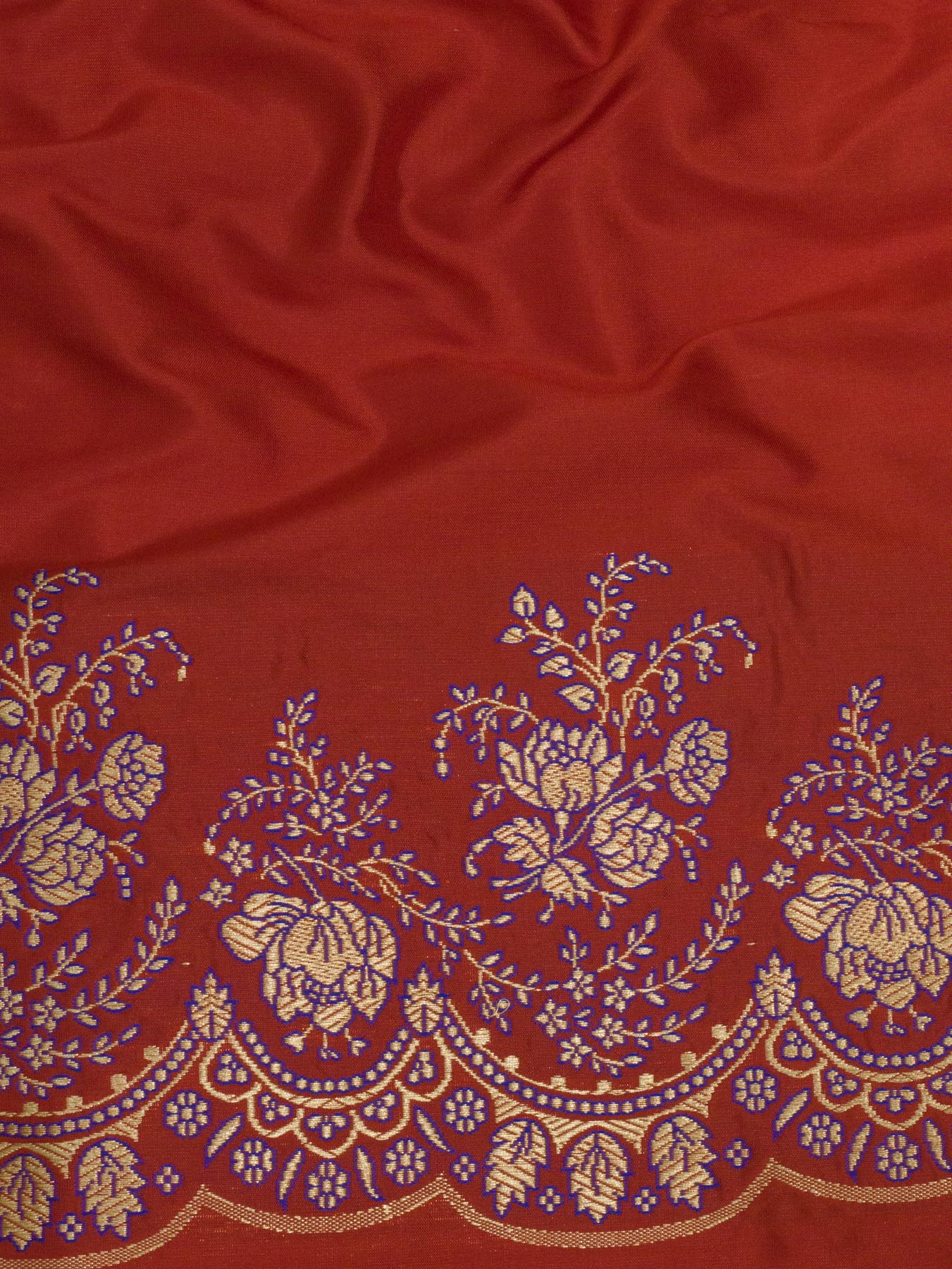 Bright Red Pure Katan Silk Handloom Kadhwa Saree with Scallop Meenakari Border & Pallu and Fine Gold Zari Khaddi Buti