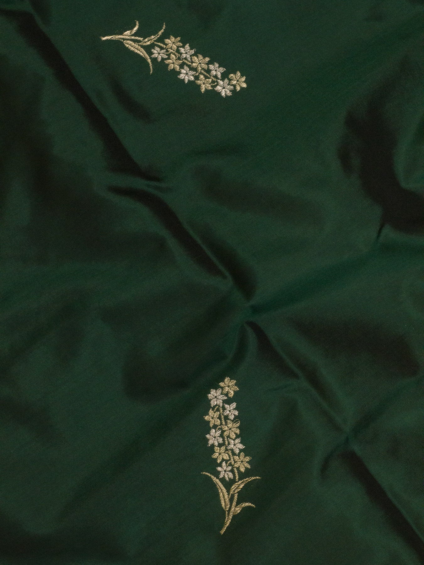 Bottle Green Pure Katan Silk Handloom Kadhwa Saree with Narrow Scallop Border & Gold Silver Floral Zari Buti