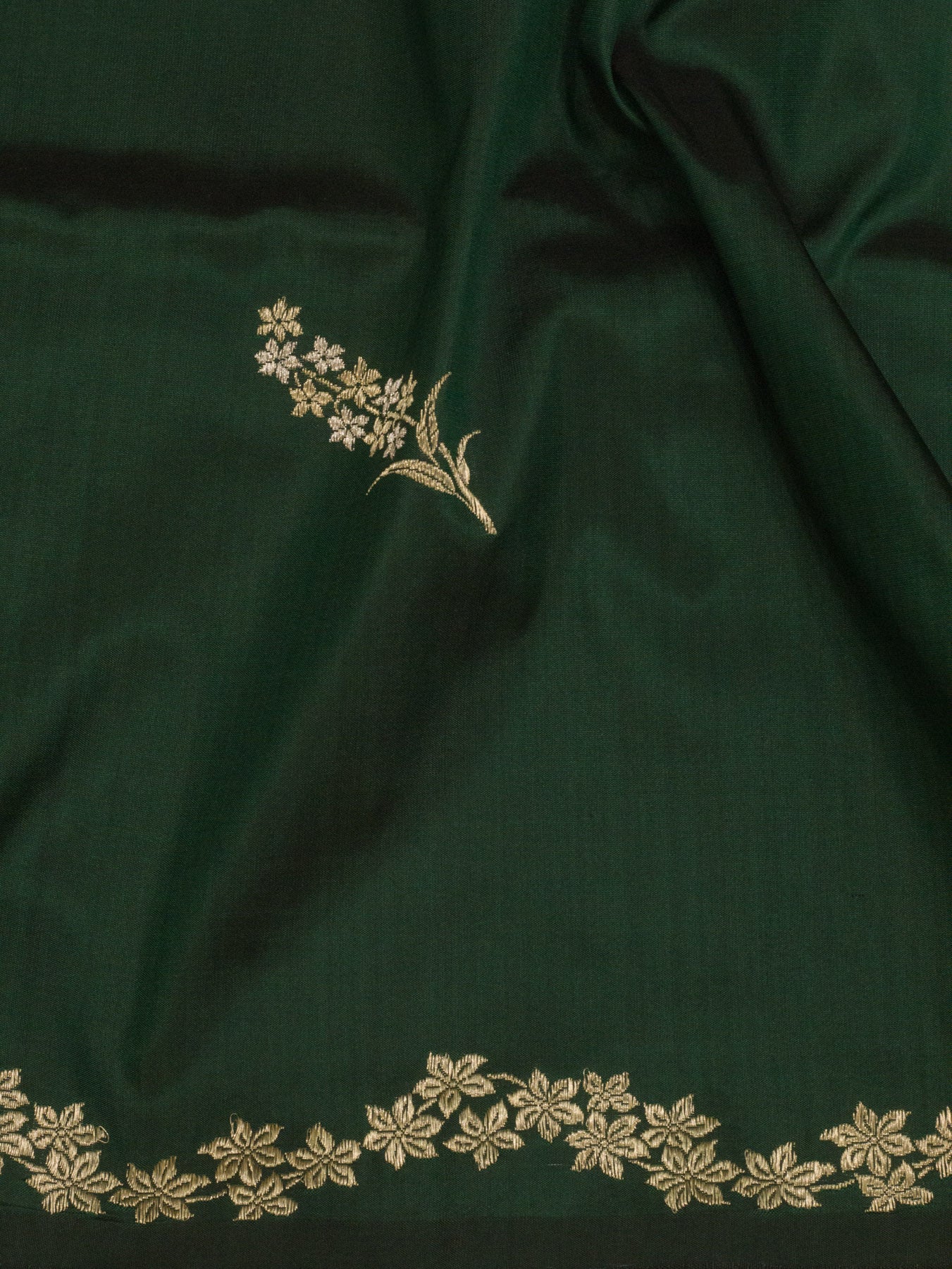 Bottle Green Pure Katan Silk Handloom Kadhwa Saree with Narrow Scallop Border & Gold Silver Floral Zari Buti