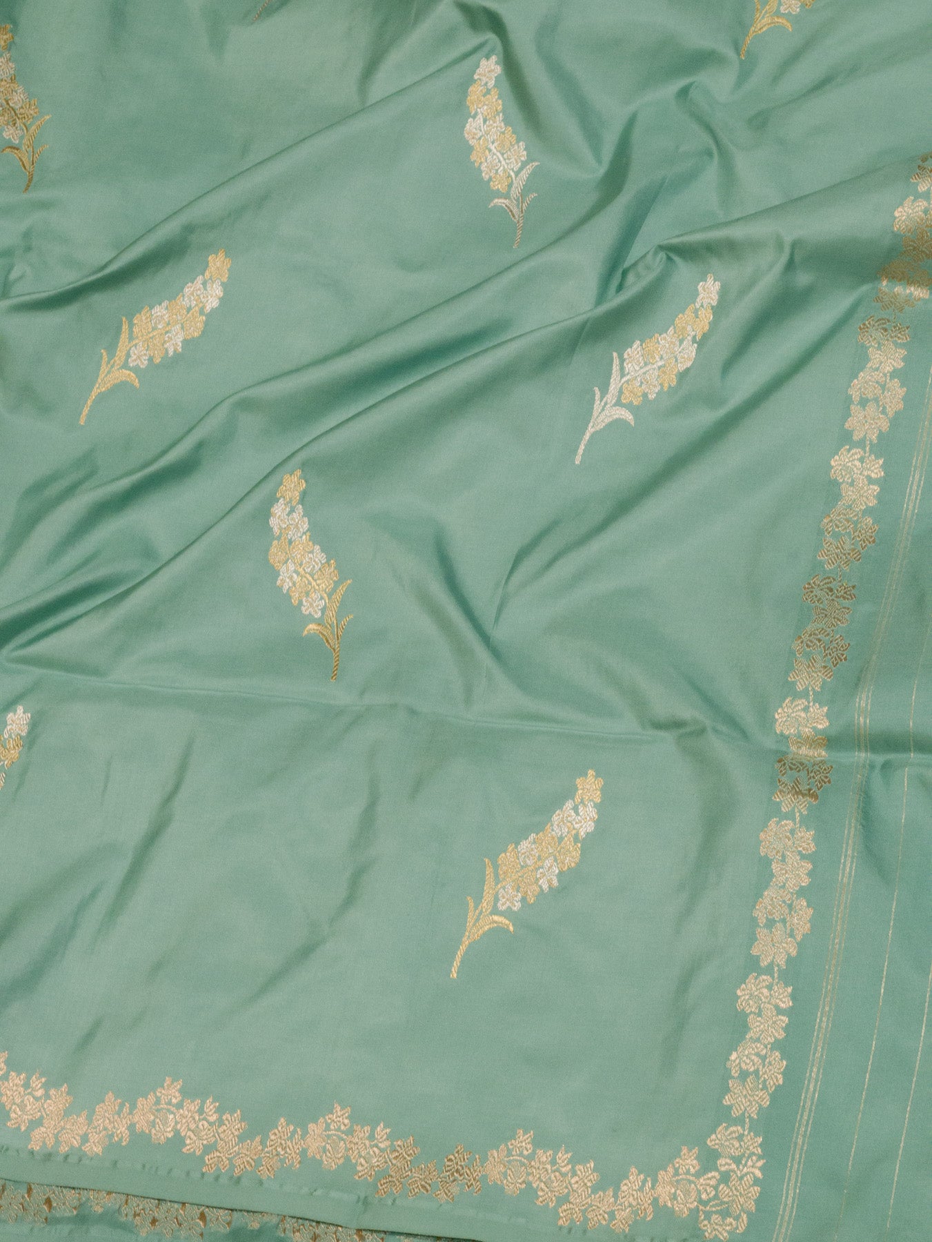 Mint Green Pure Katan Silk Handloom Kadhwa Saree with Narrow Scallop Border & Gold Silver Floral Zari Buti