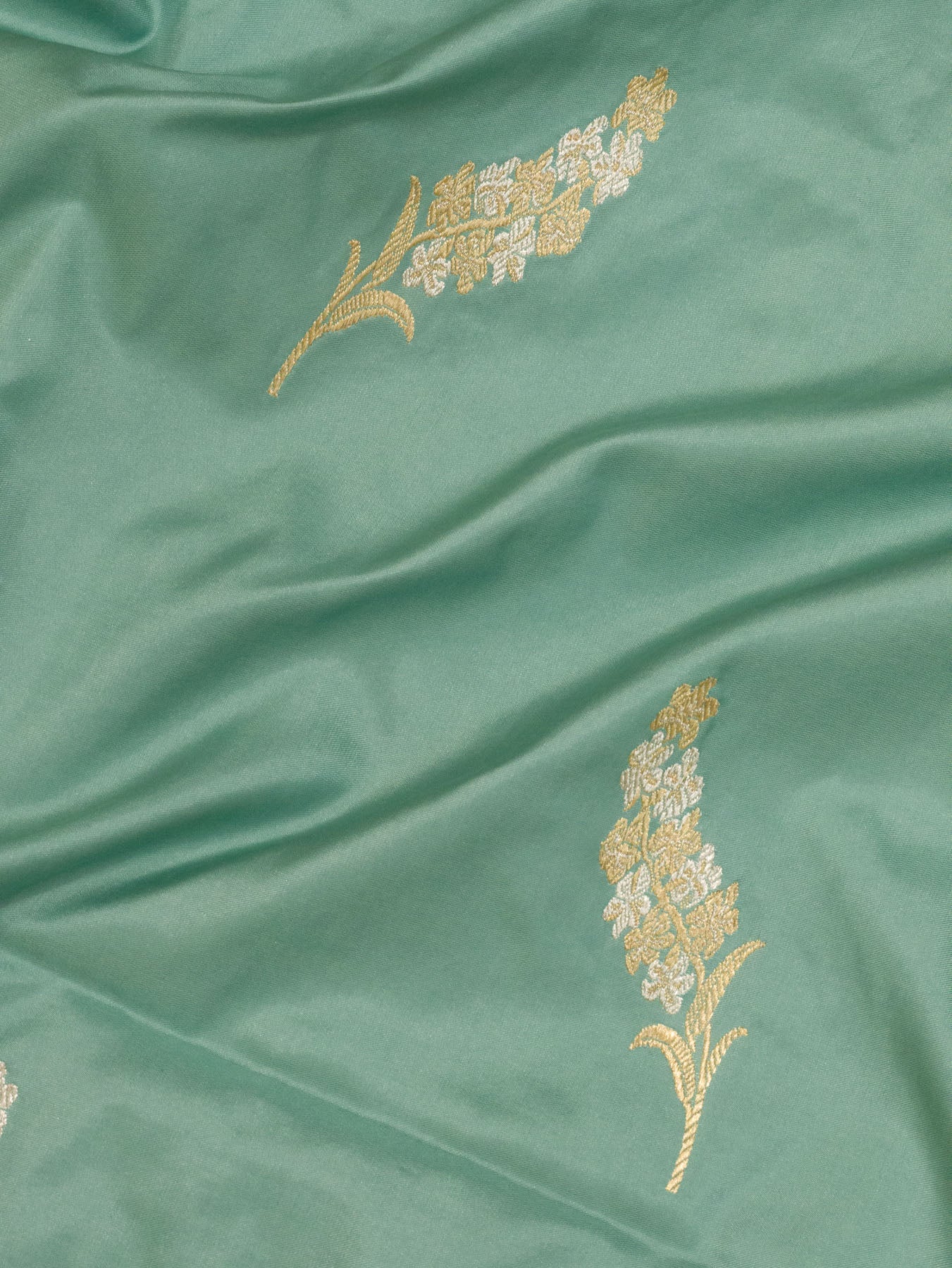 Mint Green Pure Katan Silk Handloom Kadhwa Saree with Narrow Scallop Border & Gold Silver Floral Zari Buti