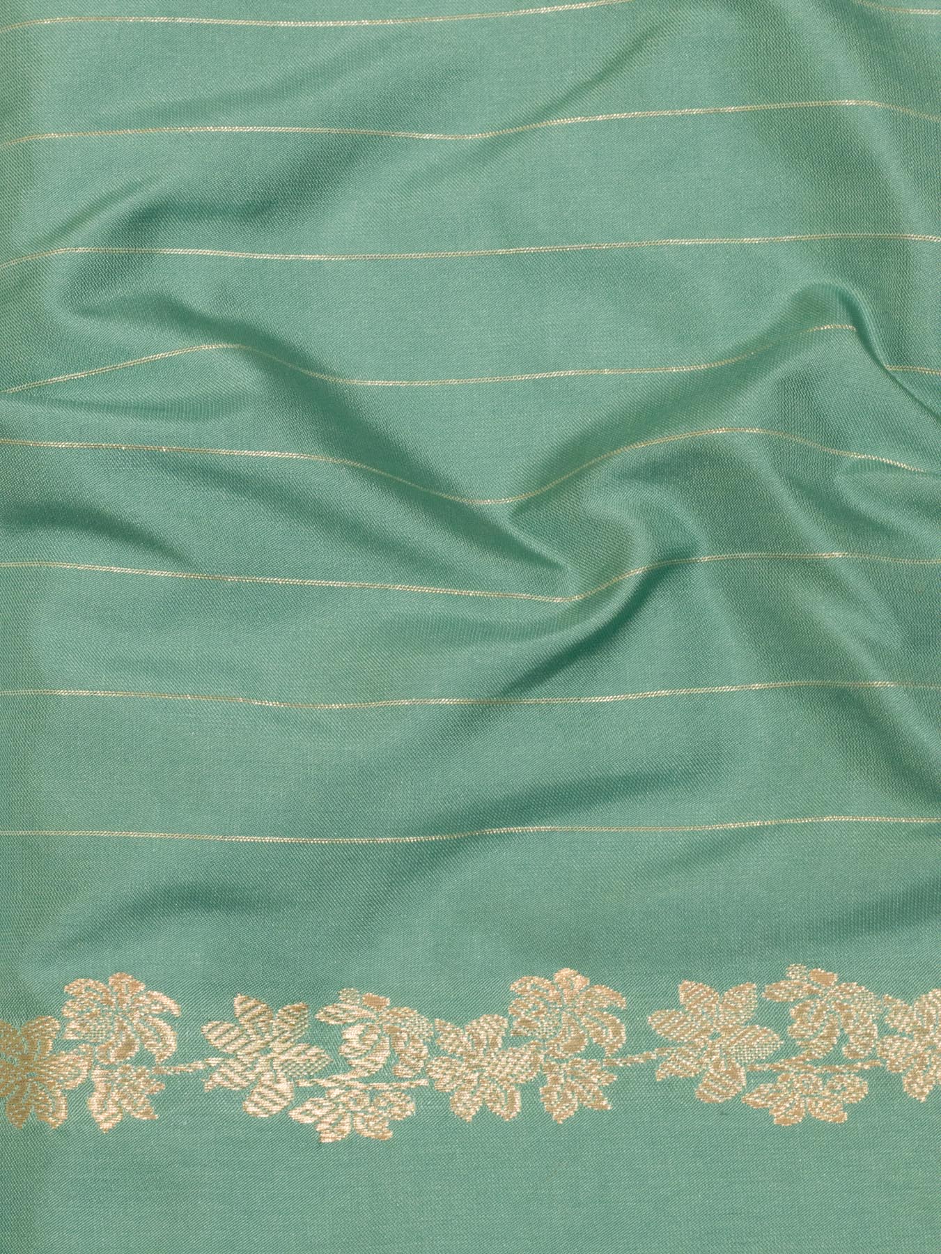Mint Green Pure Katan Silk Handloom Kadhwa Saree with Narrow Scallop Border & Gold Silver Floral Zari Buti