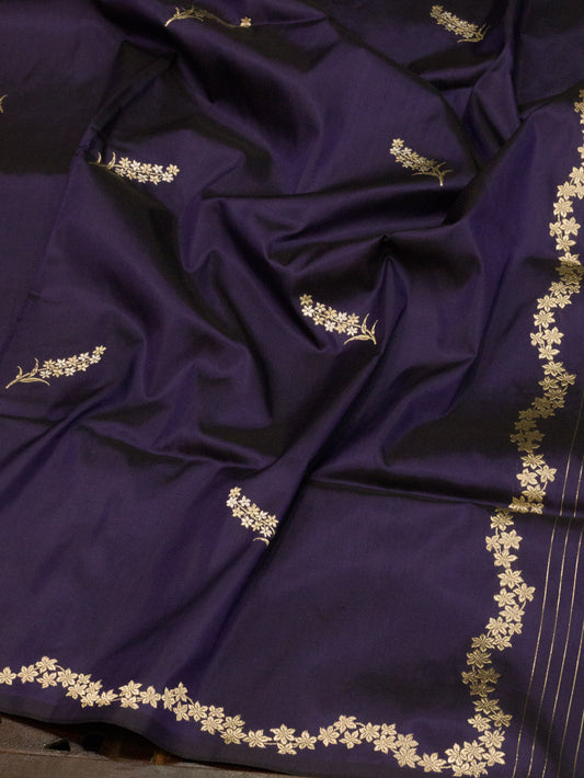 Purple Navy Pure Katan Silk Handloom Kadhwa Saree with Narrow Scallop Border & Gold Silver Floral Zari Buti